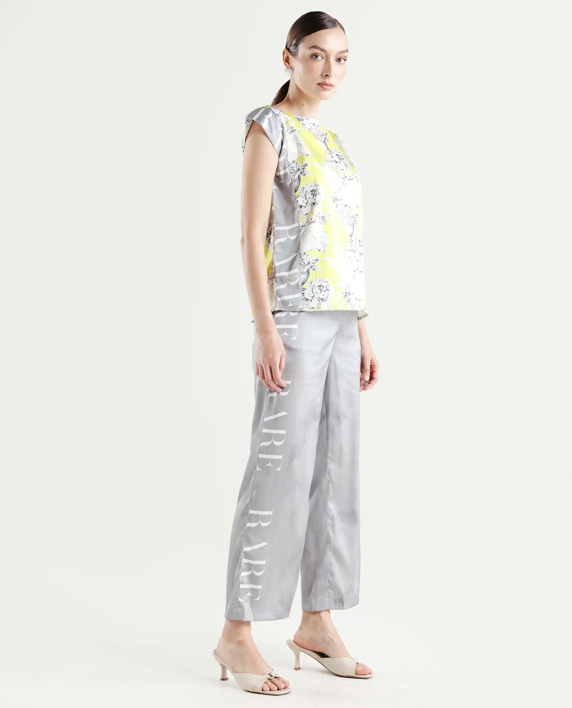 Rareism Women's Kanadio-B Light Grey Polyester Floral Print Ankle Length Straight Fit Trouser