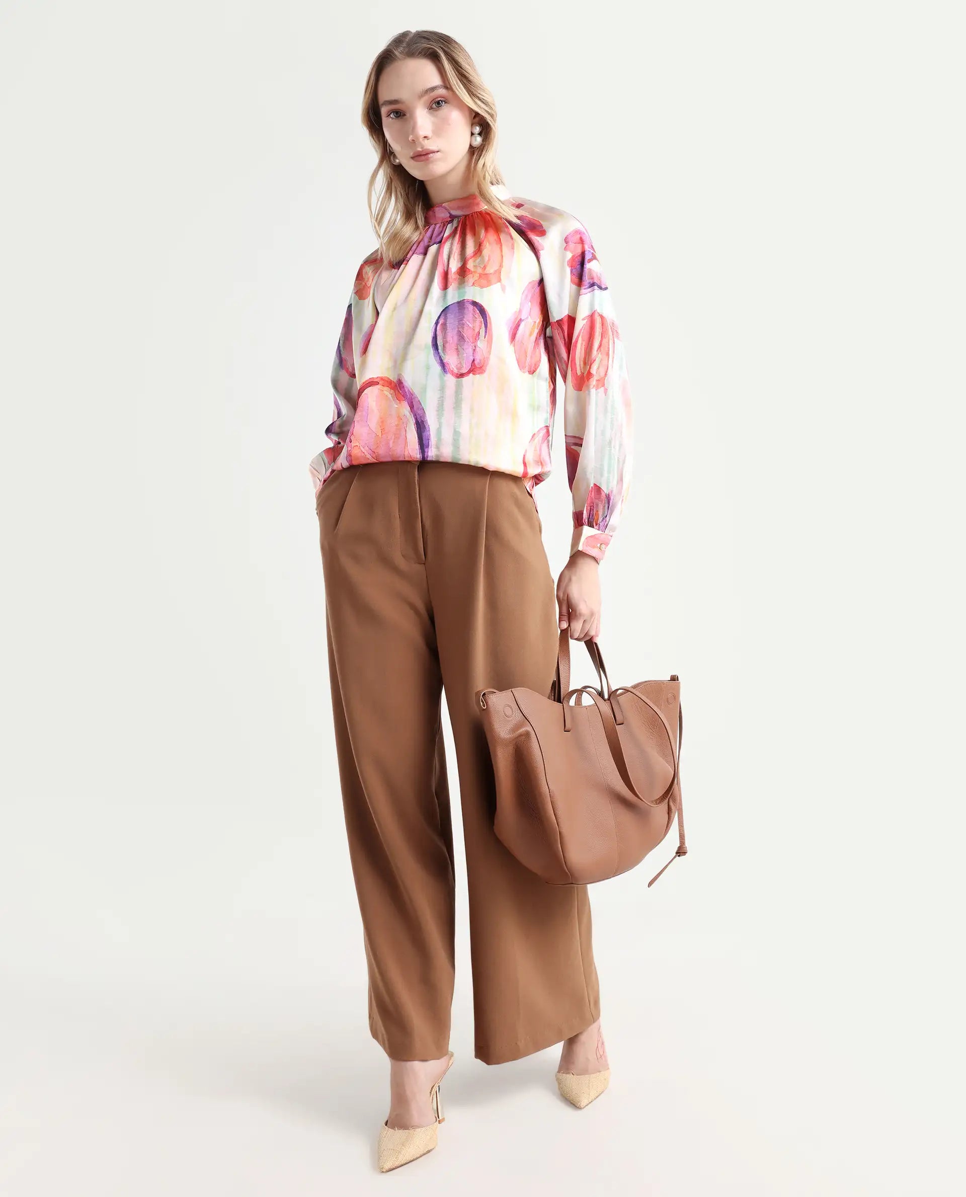 Rareism Women's Raylin Light Multi Polyester High Neck Floral Print Cuffed Sleeve Relaxed Fit Top
