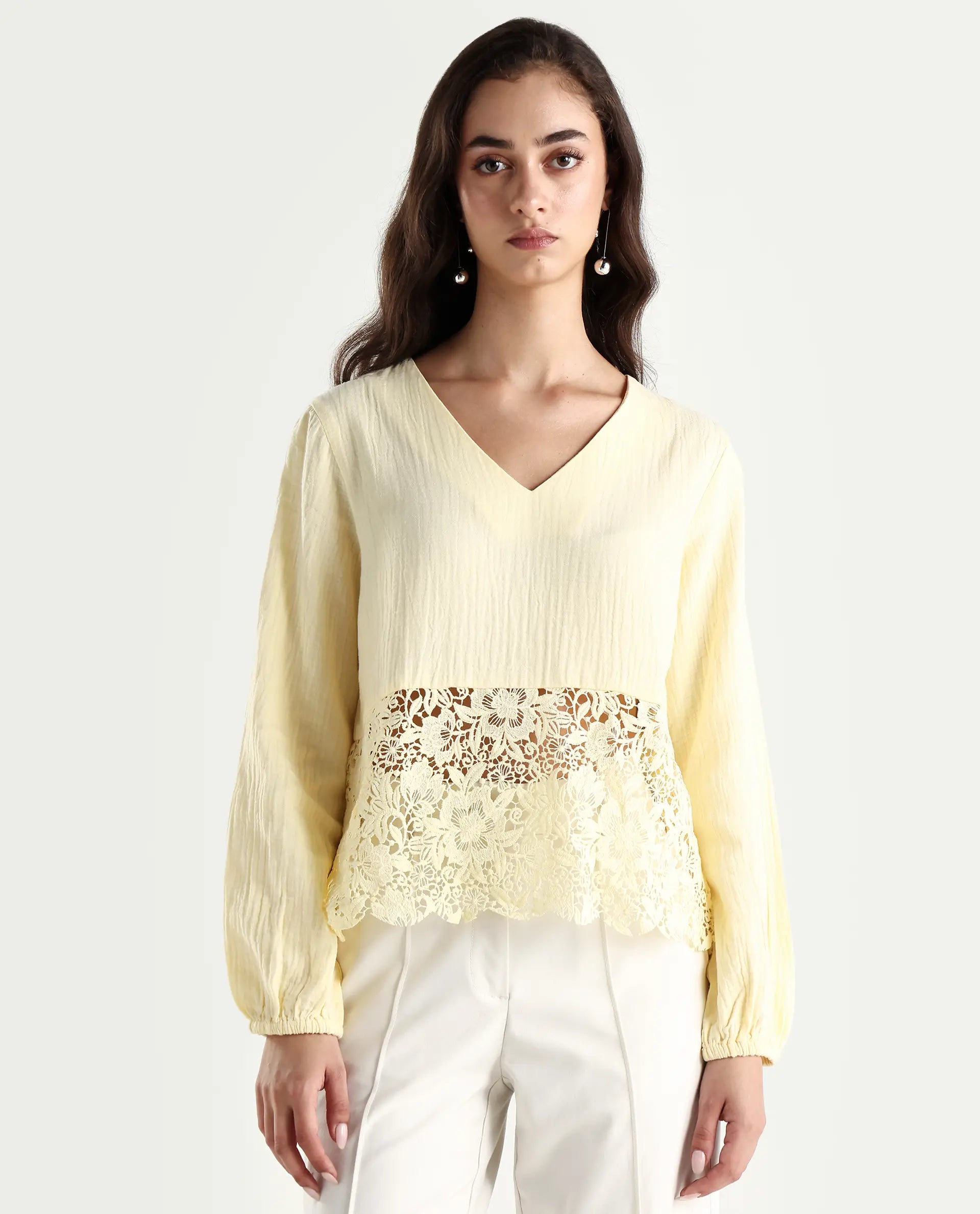 Rareism Women's Sinloao Light Yellow Cotton V-Neck Plain Bishop Sleeve Regular Fit Top