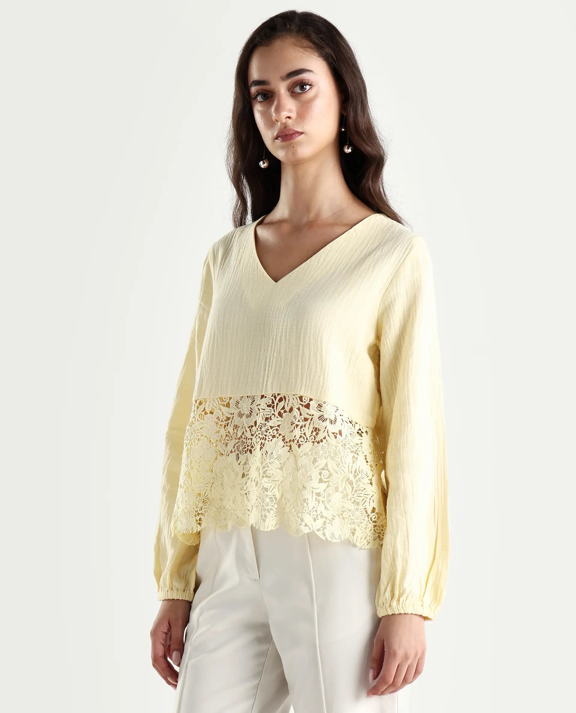 Rareism Women's Sinloao Light Yellow Cotton V-Neck Plain Bishop Sleeve Regular Fit Top