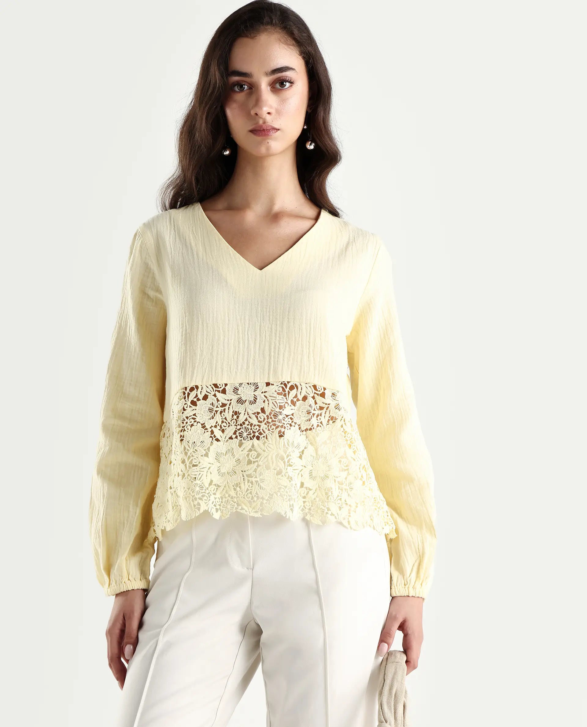 Rareism Women's Sinloao Light Yellow Cotton V-Neck Plain Bishop Sleeve Regular Fit Top