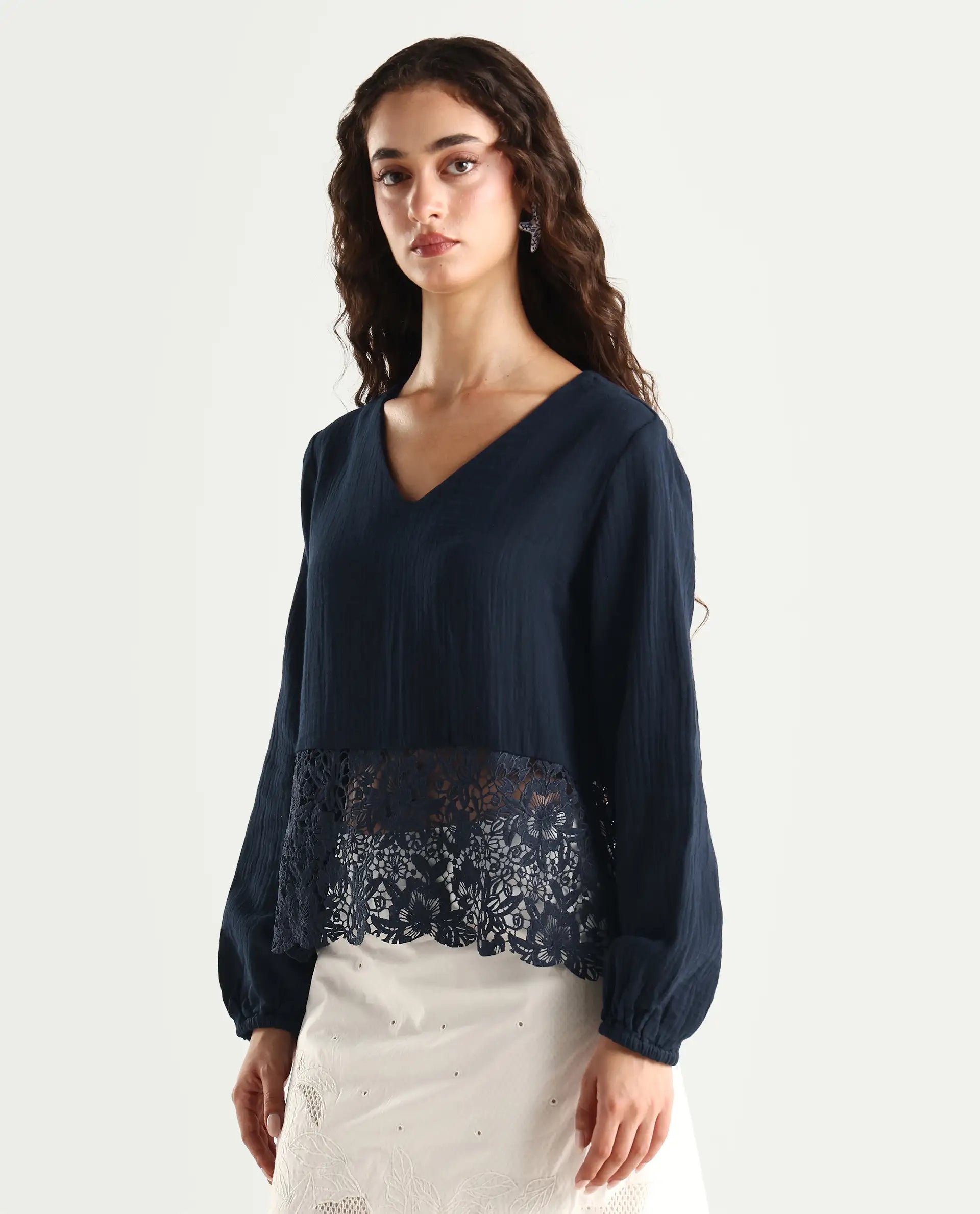Rareism Women's Sinloao Navy Cotton V-Neck Plain Bishop Sleeve Regular Fit Top