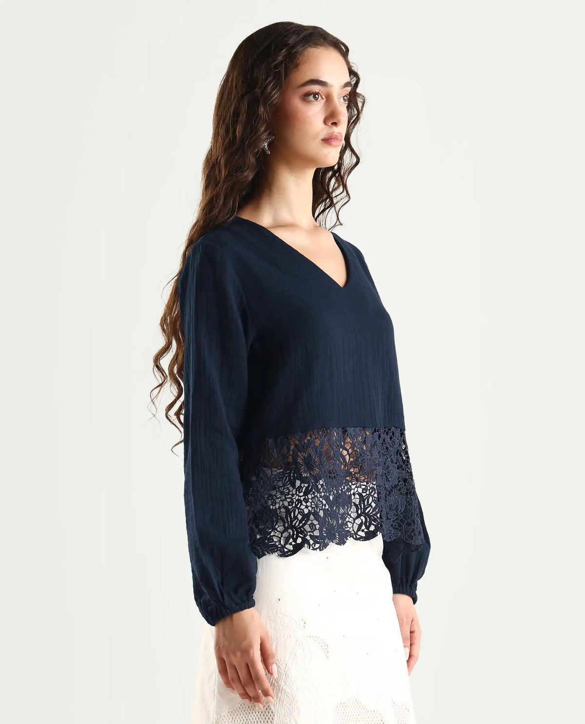 Rareism Women's Sinloao Navy Cotton V-Neck Plain Bishop Sleeve Regular Fit Top