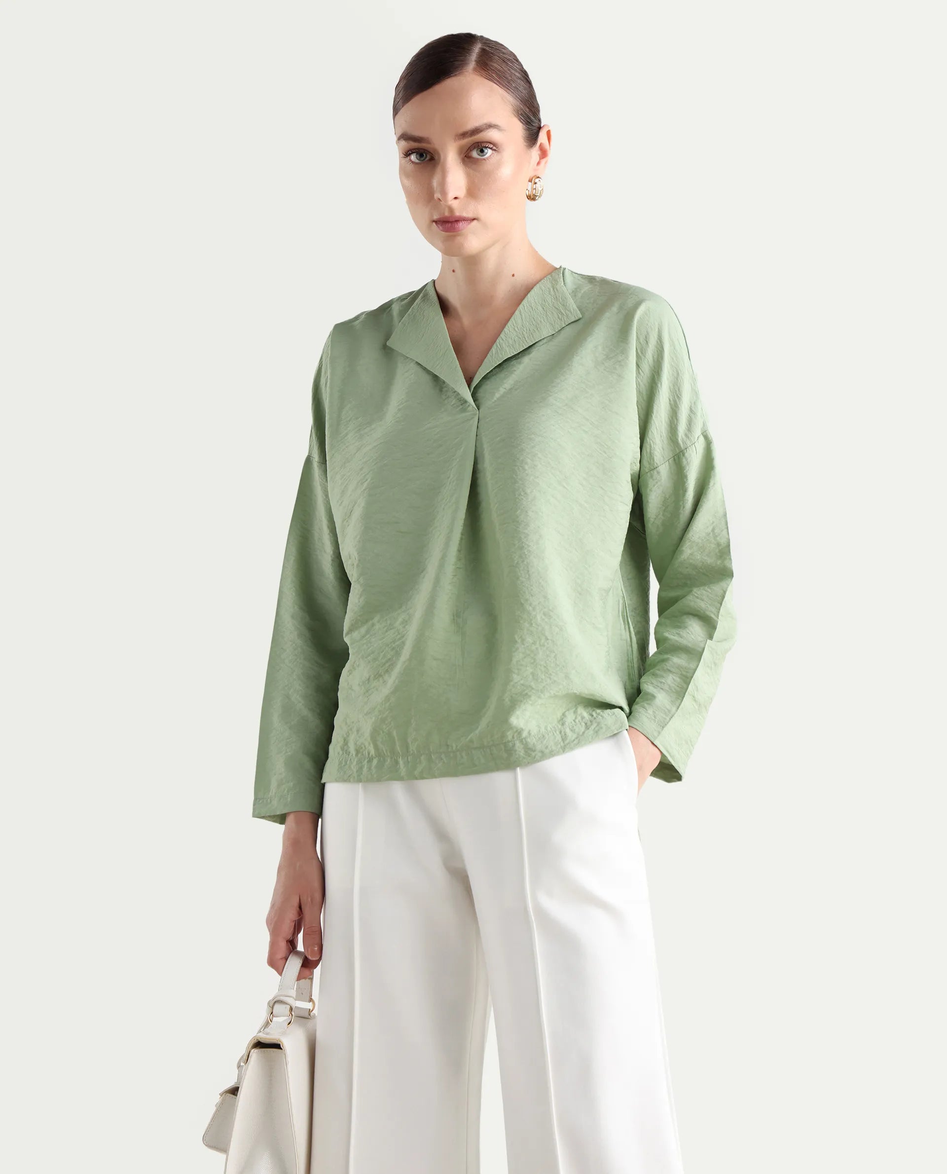 Rareism Women's Drap Green Nylon Blend Lapel Neck Plain Relaxed Fit Top