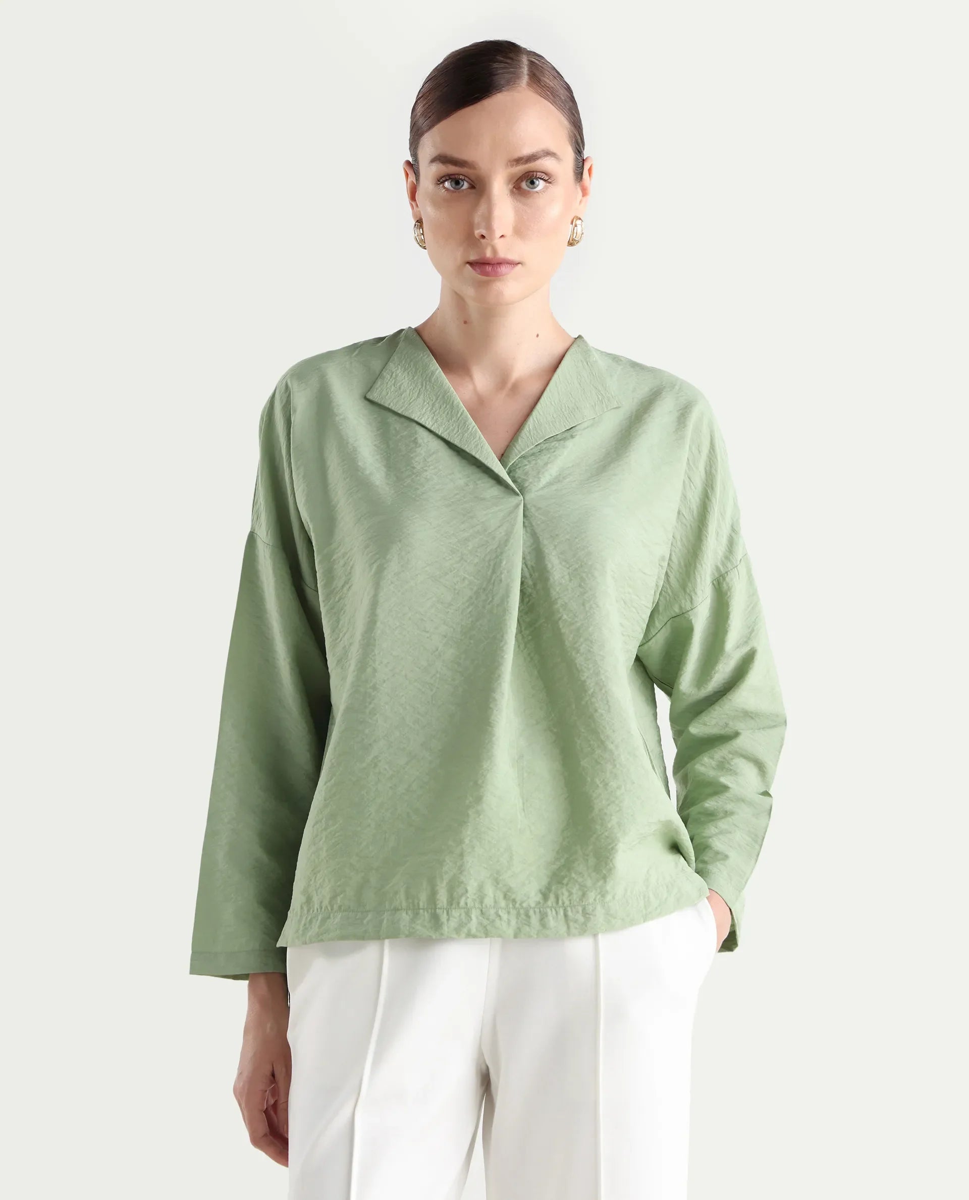 Rareism Women's Drap Green Nylon Blend Lapel Neck Plain Relaxed Fit Top