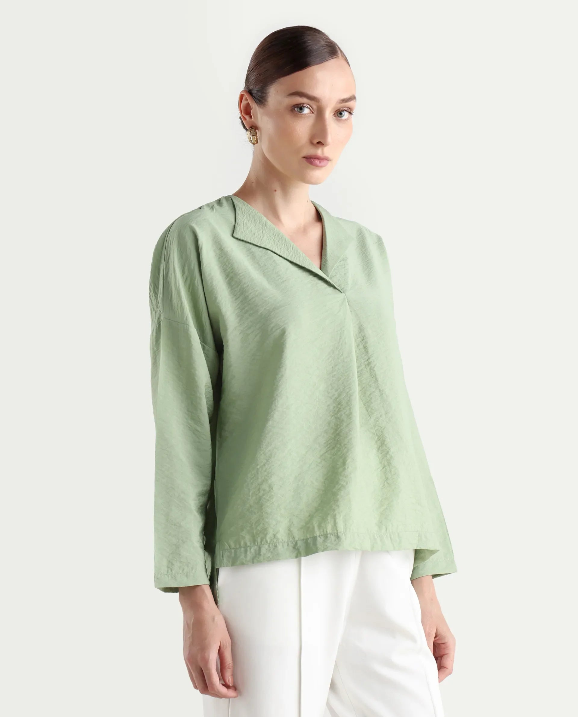 Rareism Women's Drap Green Nylon Blend Lapel Neck Plain Relaxed Fit Top