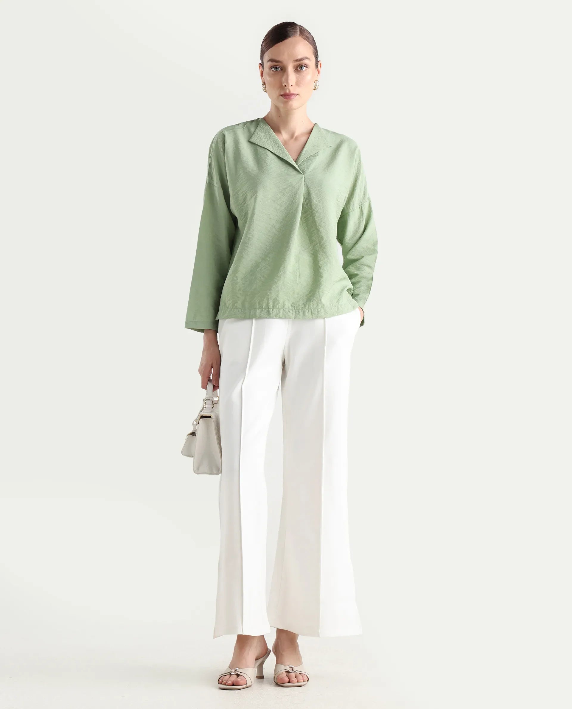 Rareism Women's Drap Green Nylon Blend Lapel Neck Plain Relaxed Fit Top