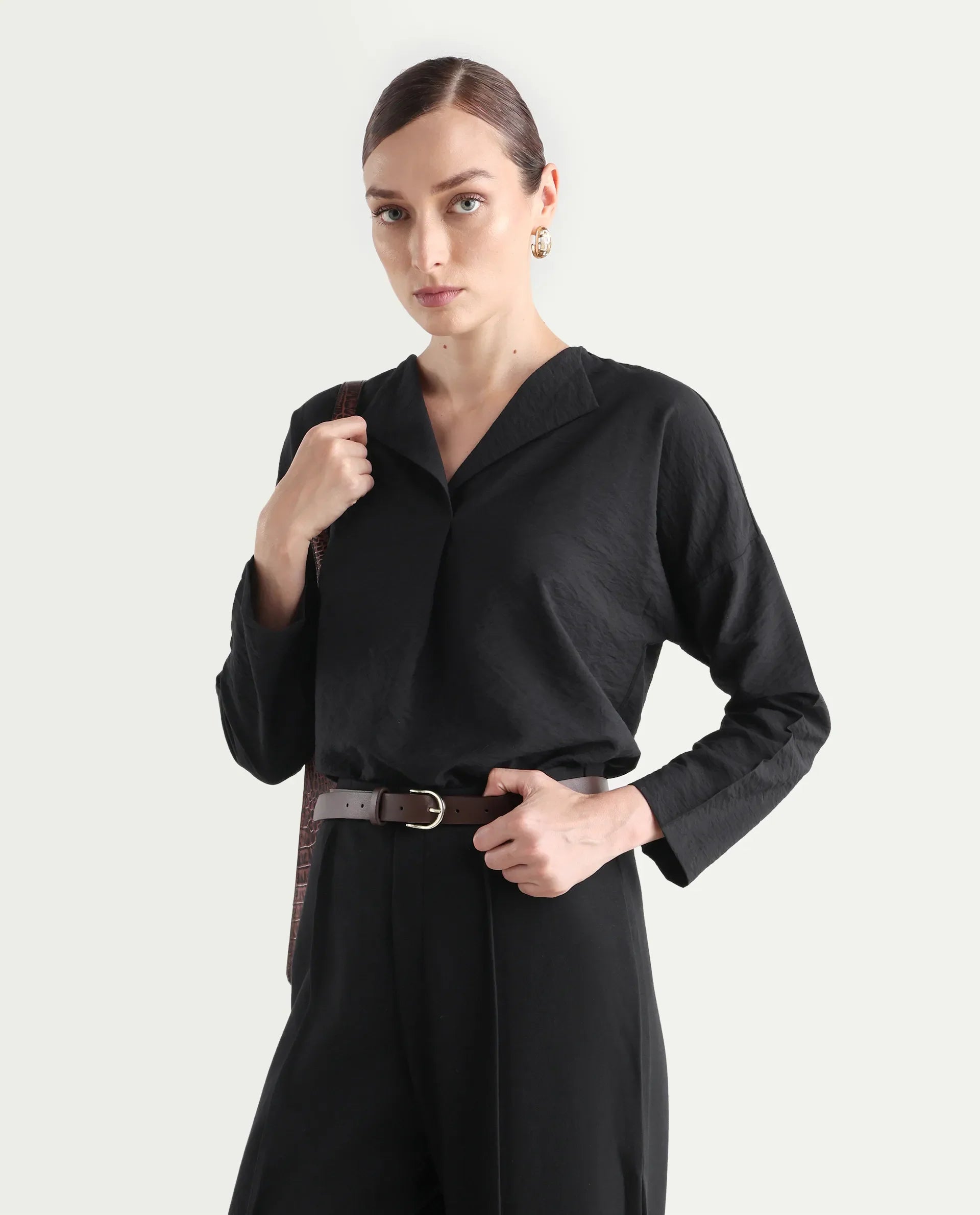 Rareism Women's Drap Black Nylon Blend Lapel Neck Plain Relaxed Fit Top