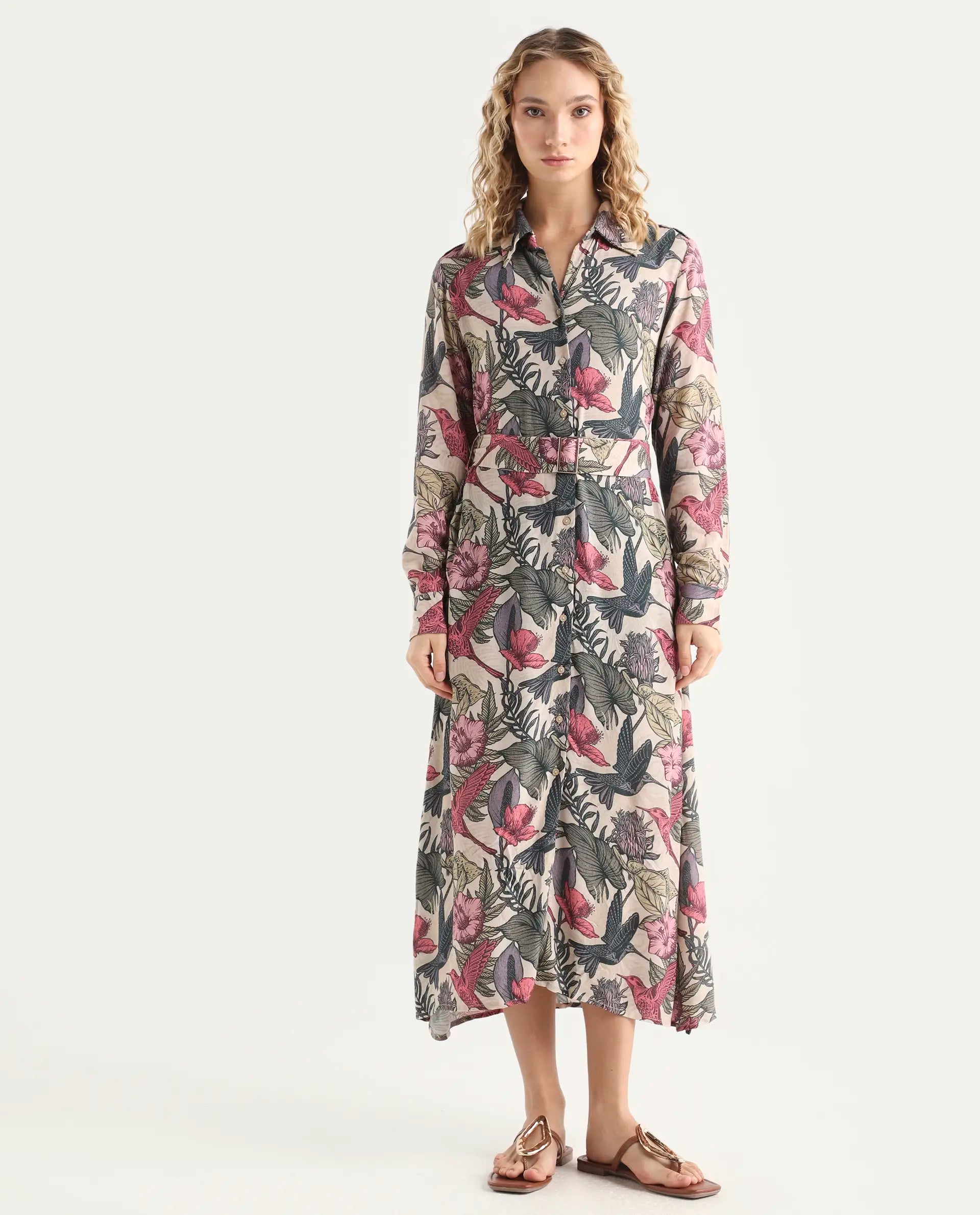 Rareism Women's Korean Multi Moroccan Crepe Drop Collar Abstract Print Cuffed Sleeve Maxi Fit And Flare Dress