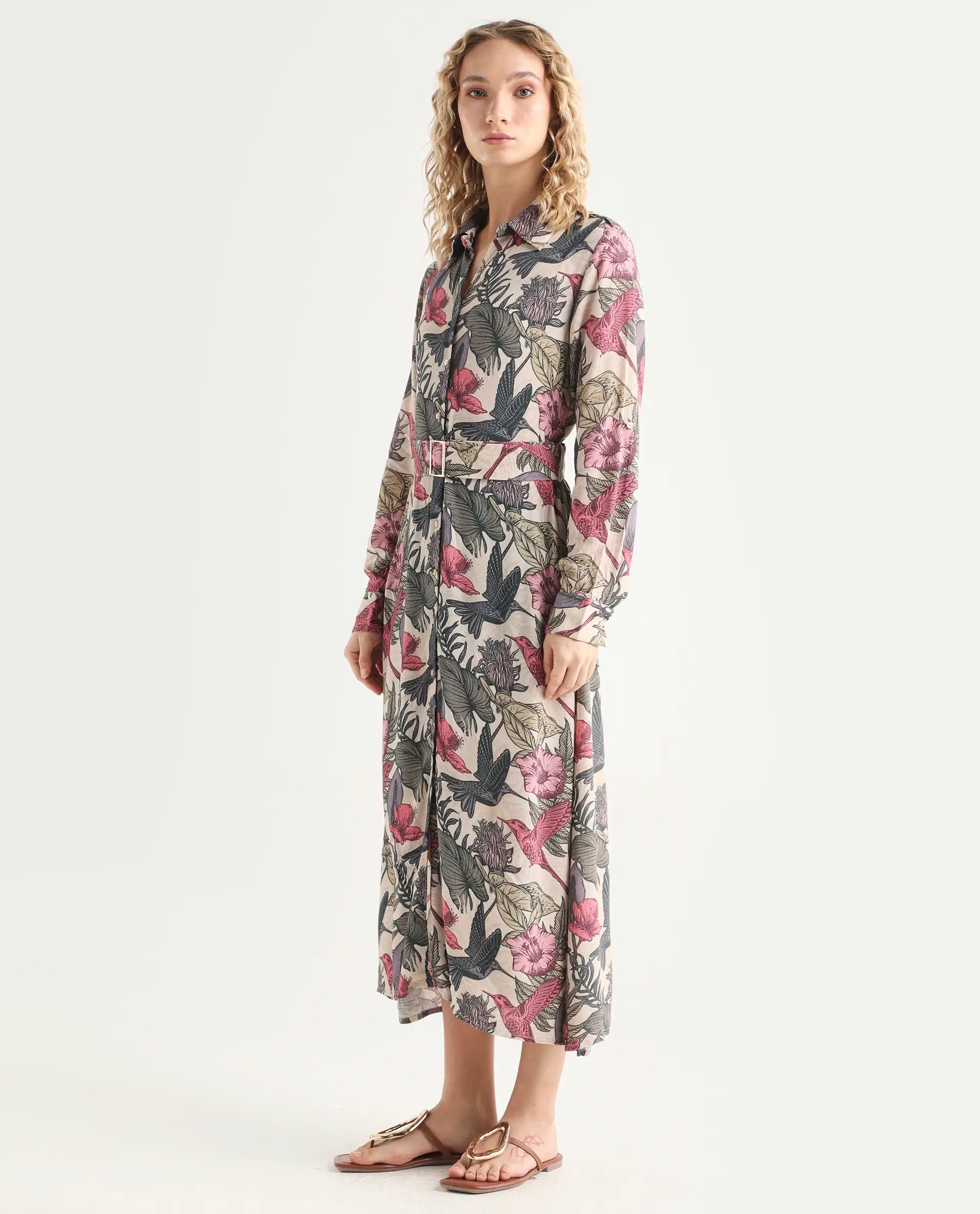 Rareism Women's Korean Multi Moroccan Crepe Drop Collar Abstract Print Cuffed Sleeve Maxi Fit And Flare Dress