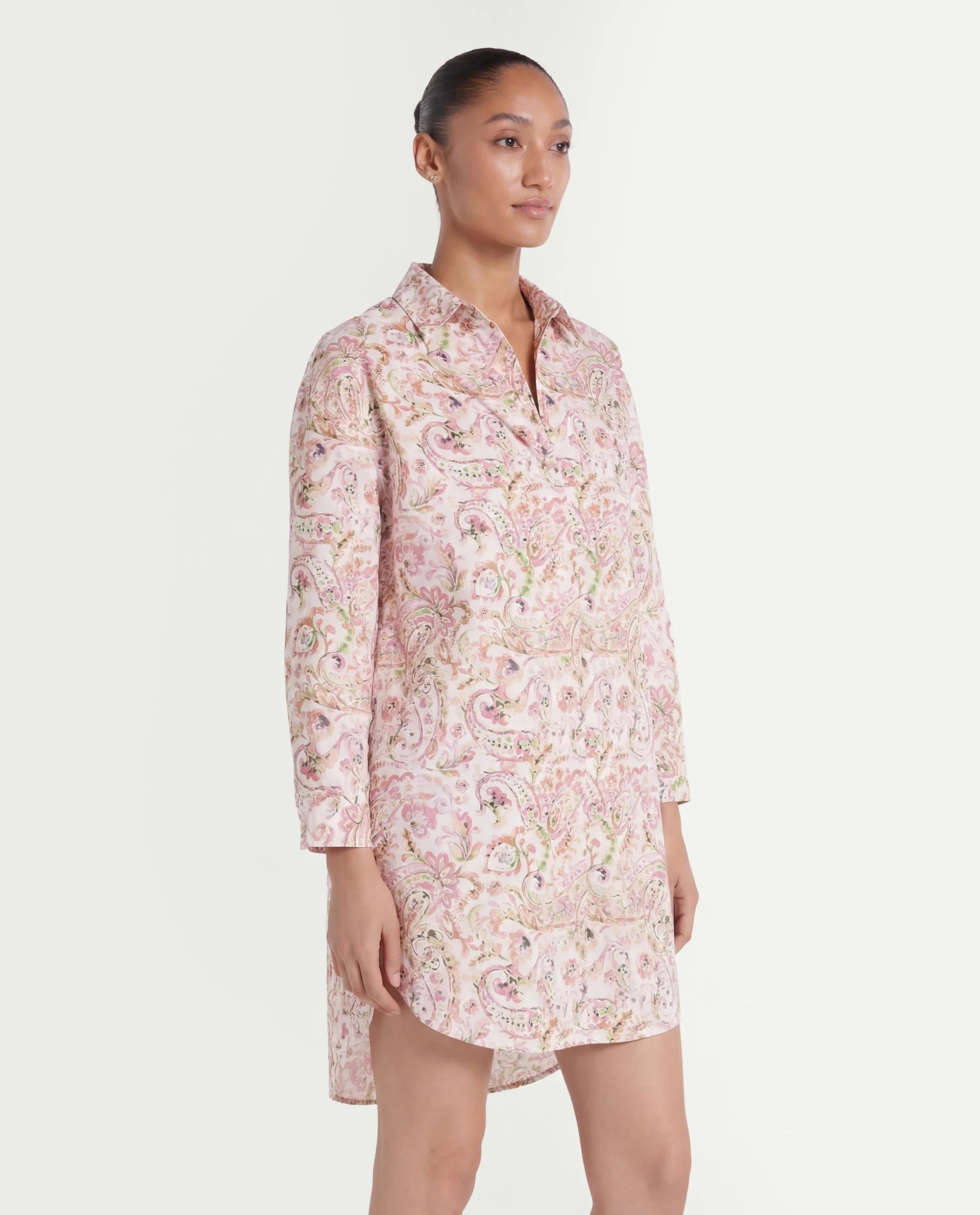 Rareism Women's Morr Light Multi Cotton Drop Collar Paisley Print Cuffed Sleeve Mini Relaxed Fit Dress