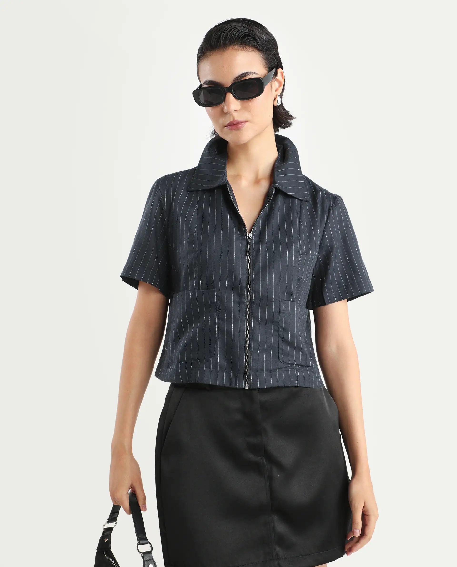 Rareism Women's Klapo Black Viscose Blend Drop Collar Striped Crop Regular Fit Top