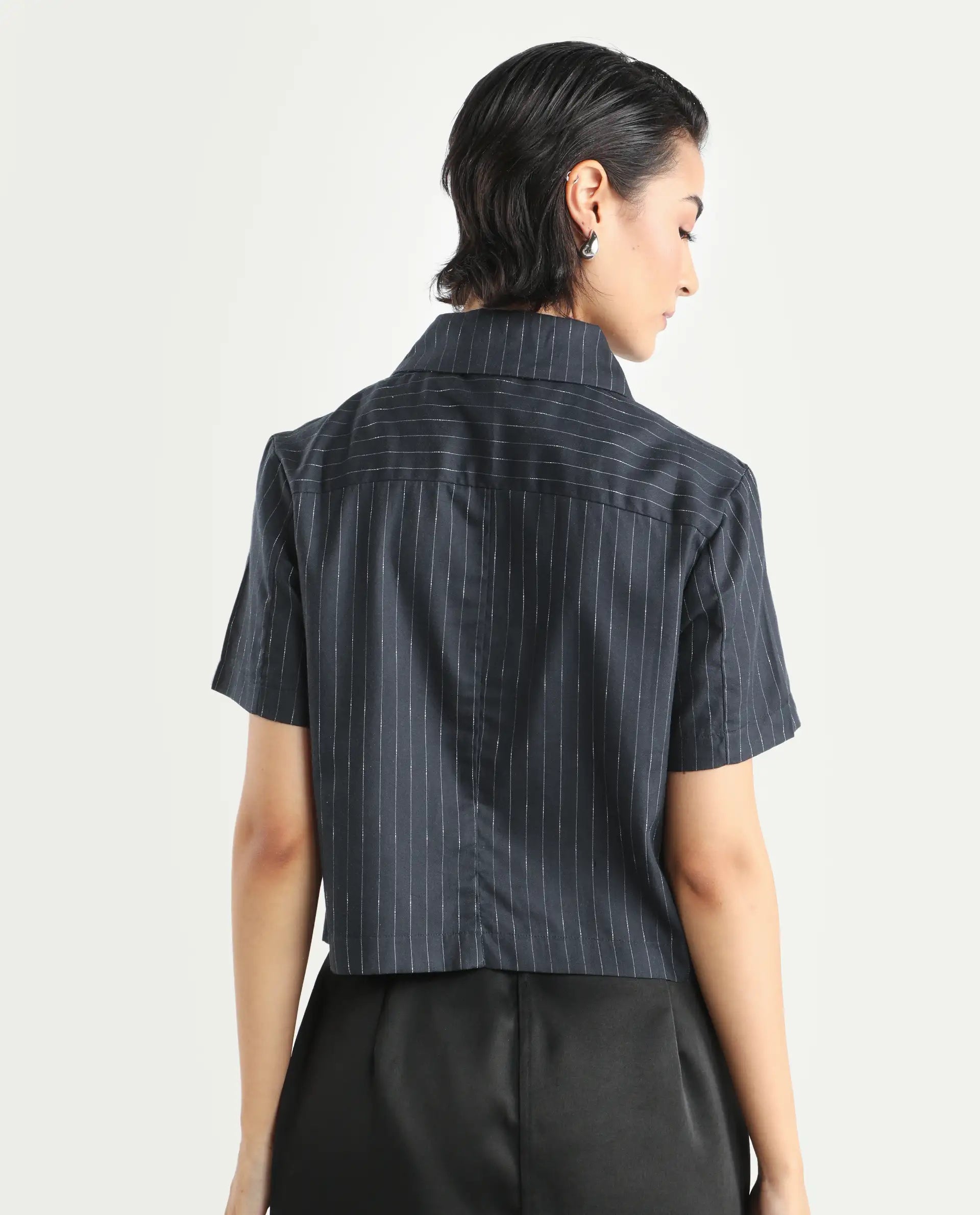 Rareism Women's Klapo Black Viscose Blend Drop Collar Striped Crop Regular Fit Top