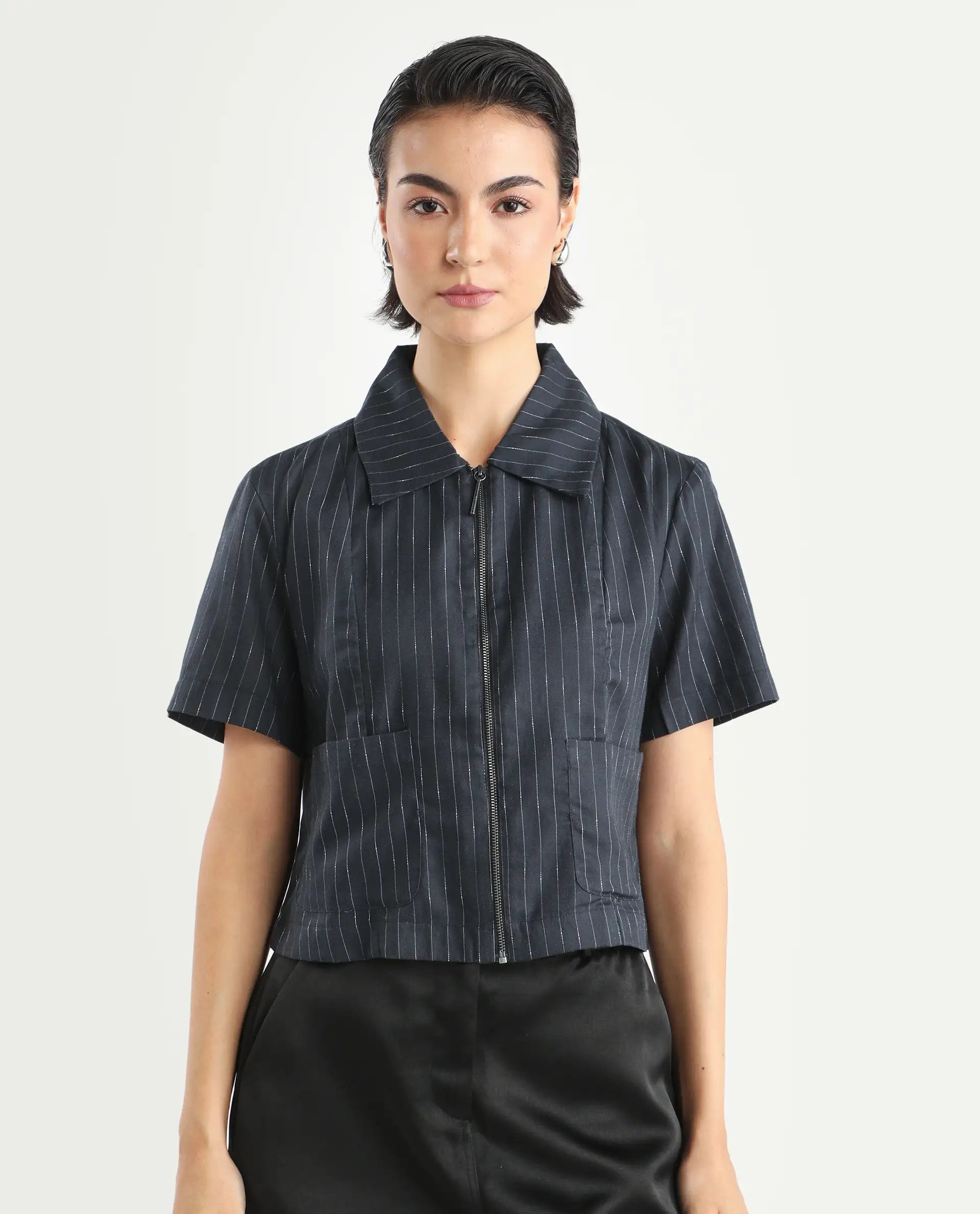 Rareism Women's Klapo Black Viscose Blend Drop Collar Striped Crop Regular Fit Top