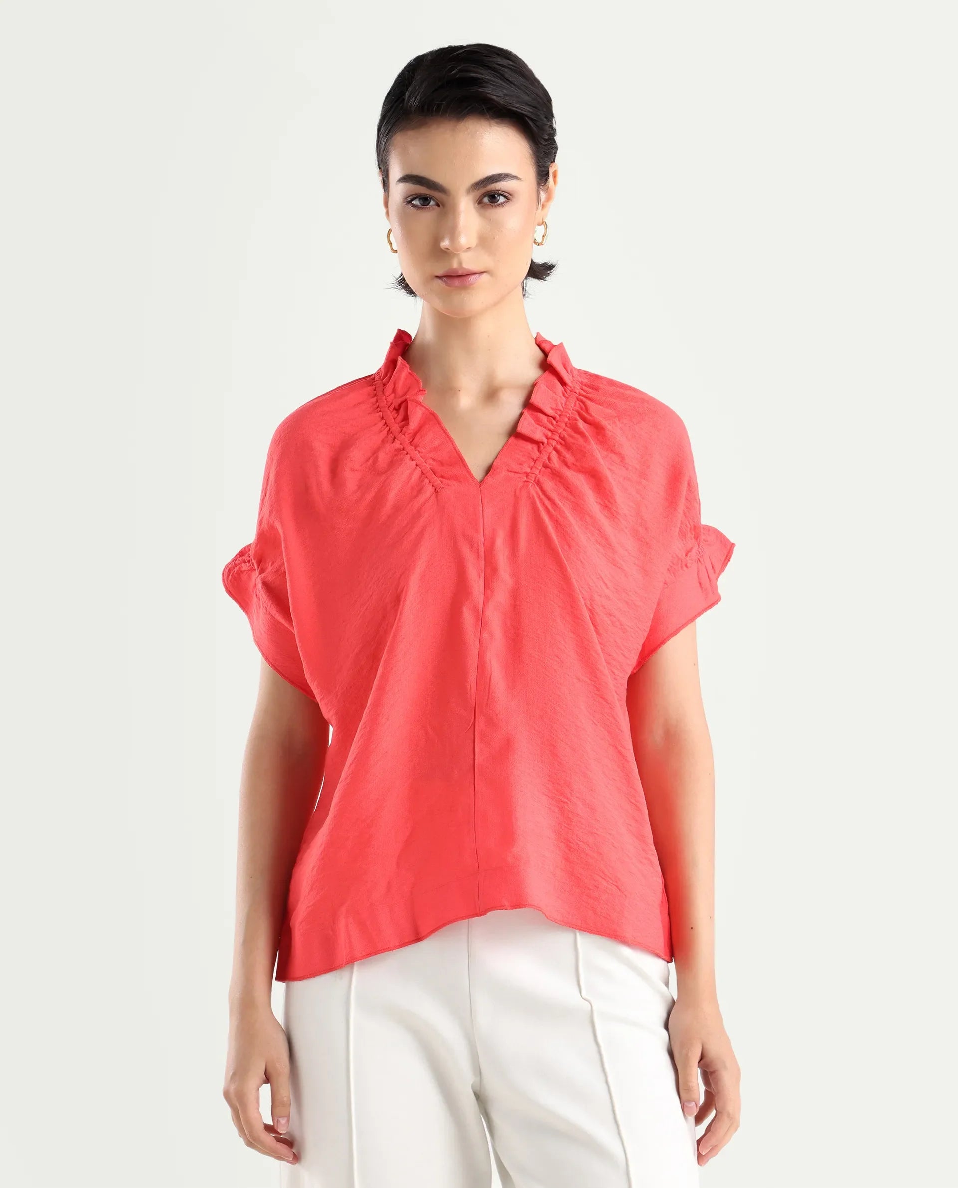Rareism Women's Tichi Orange Viscose Blend V-Neck Plain Extended Sleeves Regular Fit Top