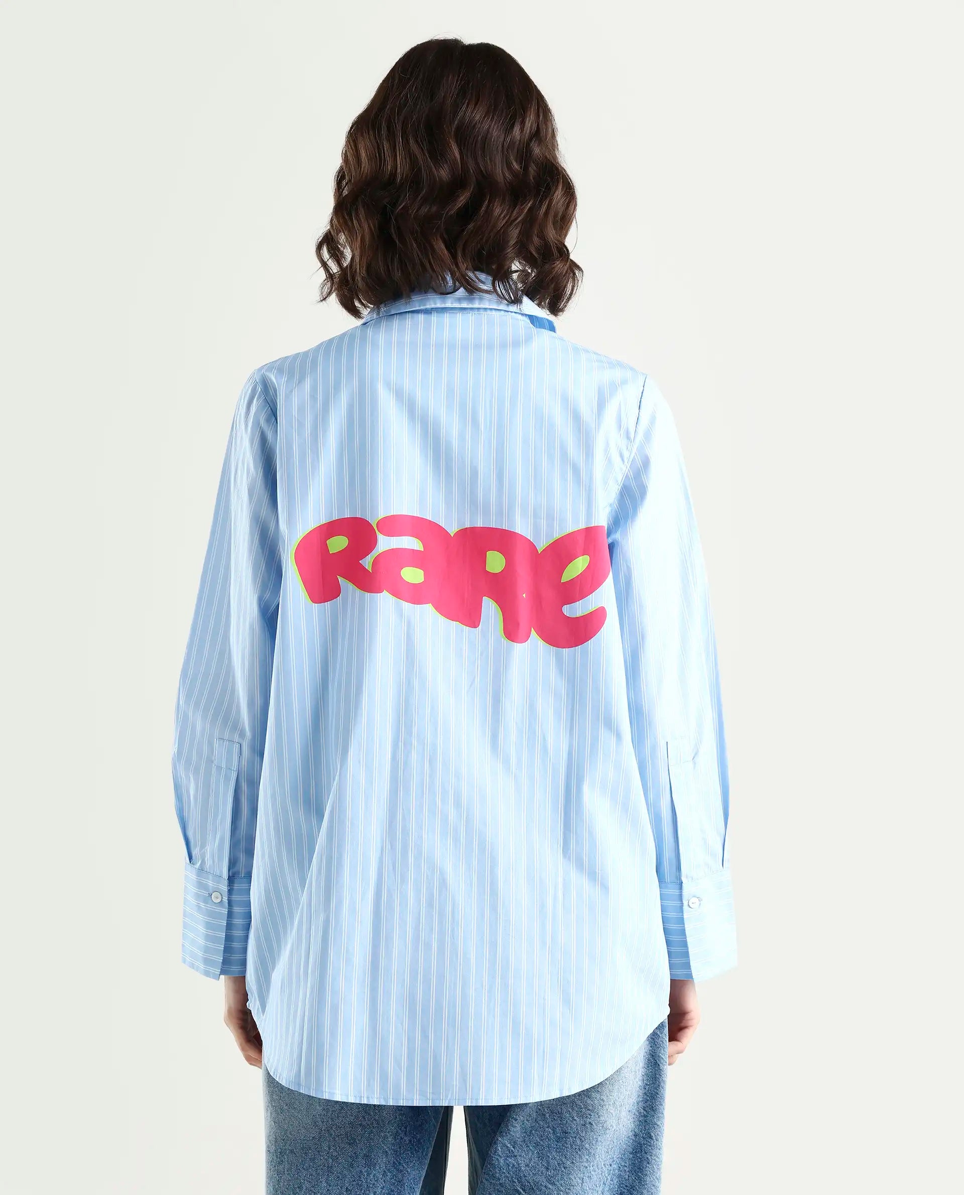 Rareism Women's Rambla Blue Poplin Spread Collar Abstract Print Cuffed Sleeve Relaxed Fit Top