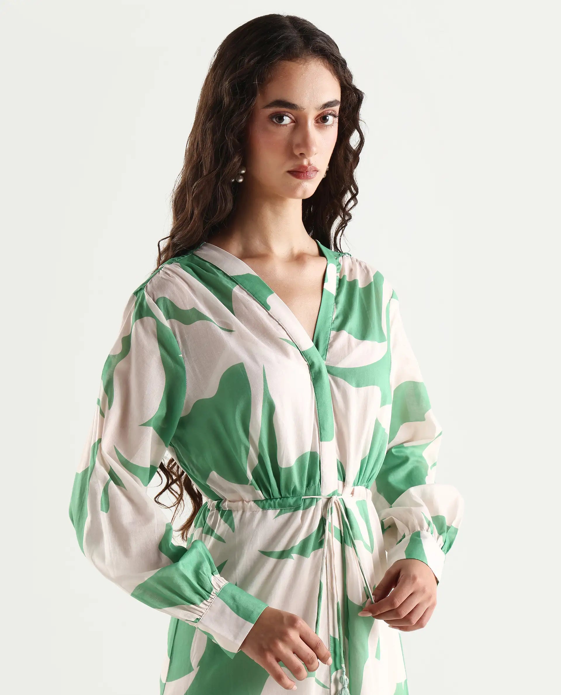 Rareism Women's Adeley Dusky Green Cotton V-Neck Abstract Print Cuffed Sleeve Maxi Regular Fit Shrug