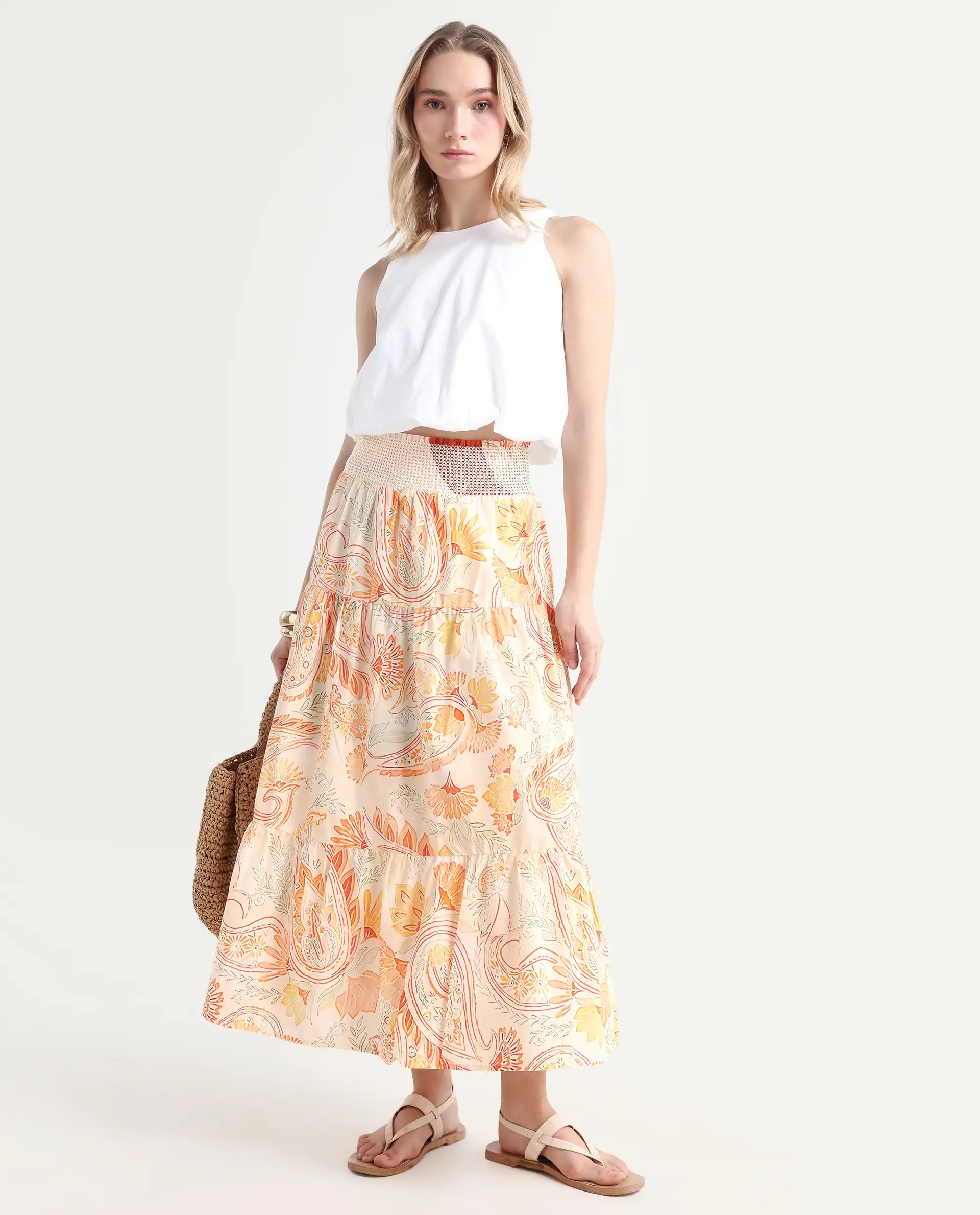 Rareism Women's Bresica Light Multi Cotton Paisley Print Midi Flared Skirt