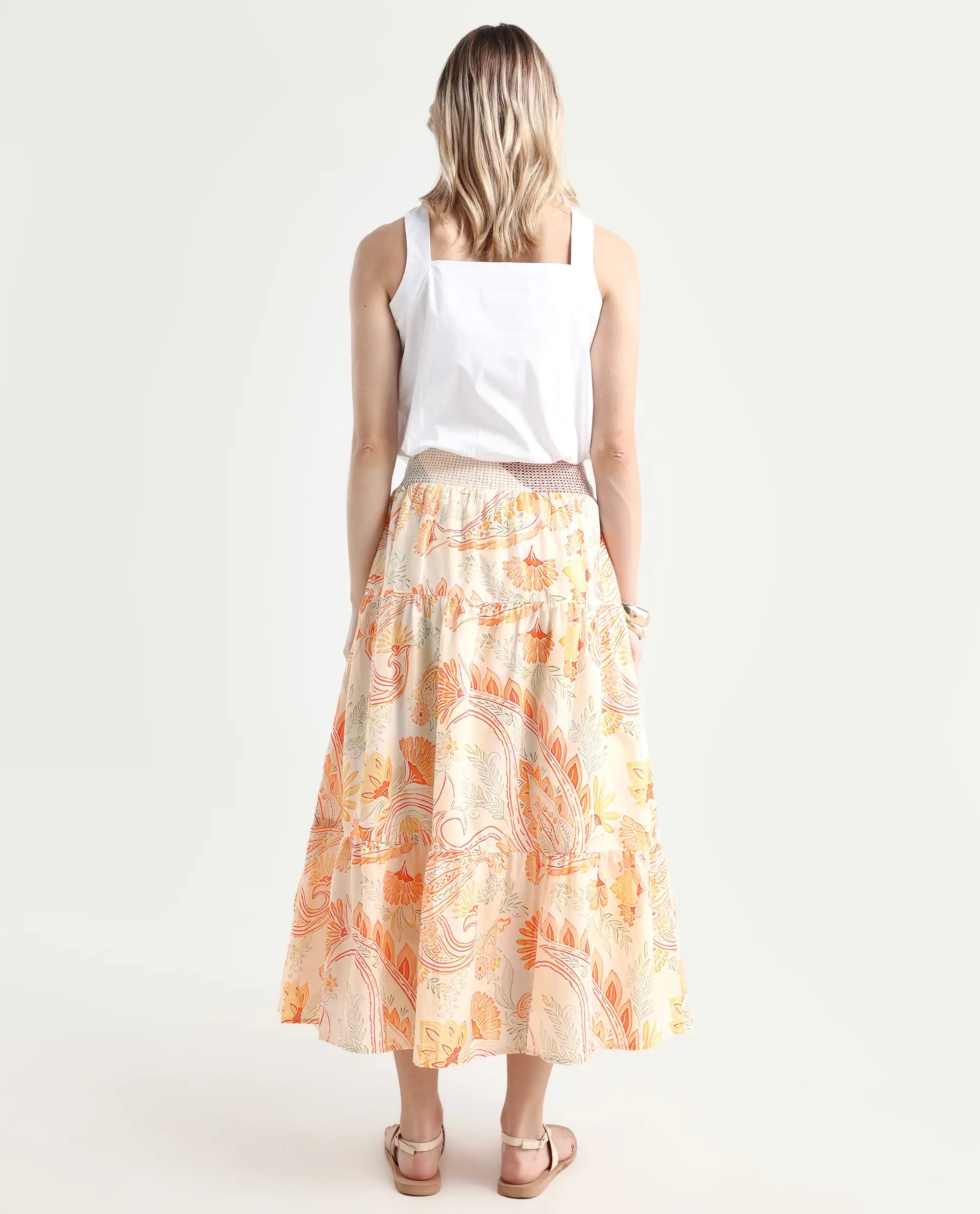 Rareism Women's Bresica Light Multi Cotton Paisley Print Midi Flared Skirt