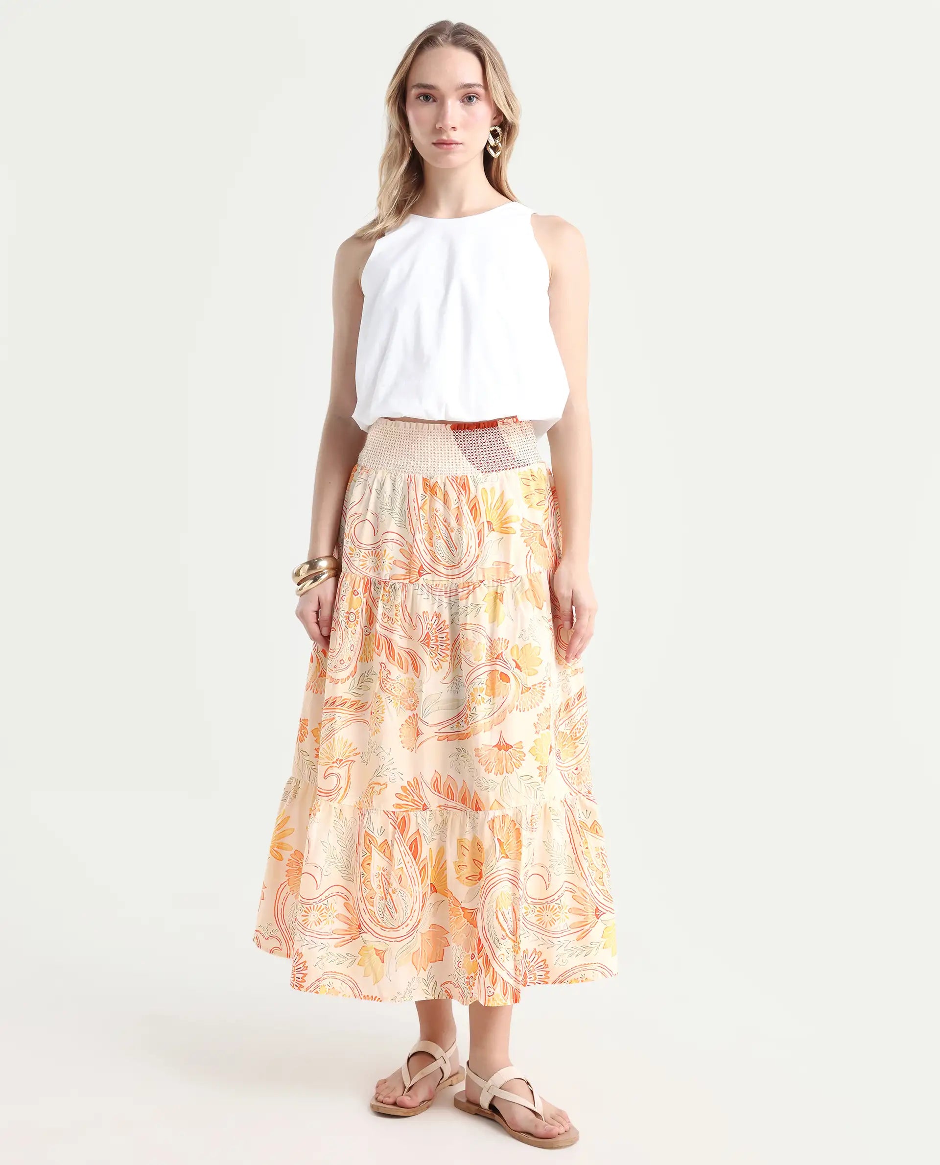 Rareism Women's Bresica Light Multi Cotton Paisley Print Midi Flared Skirt