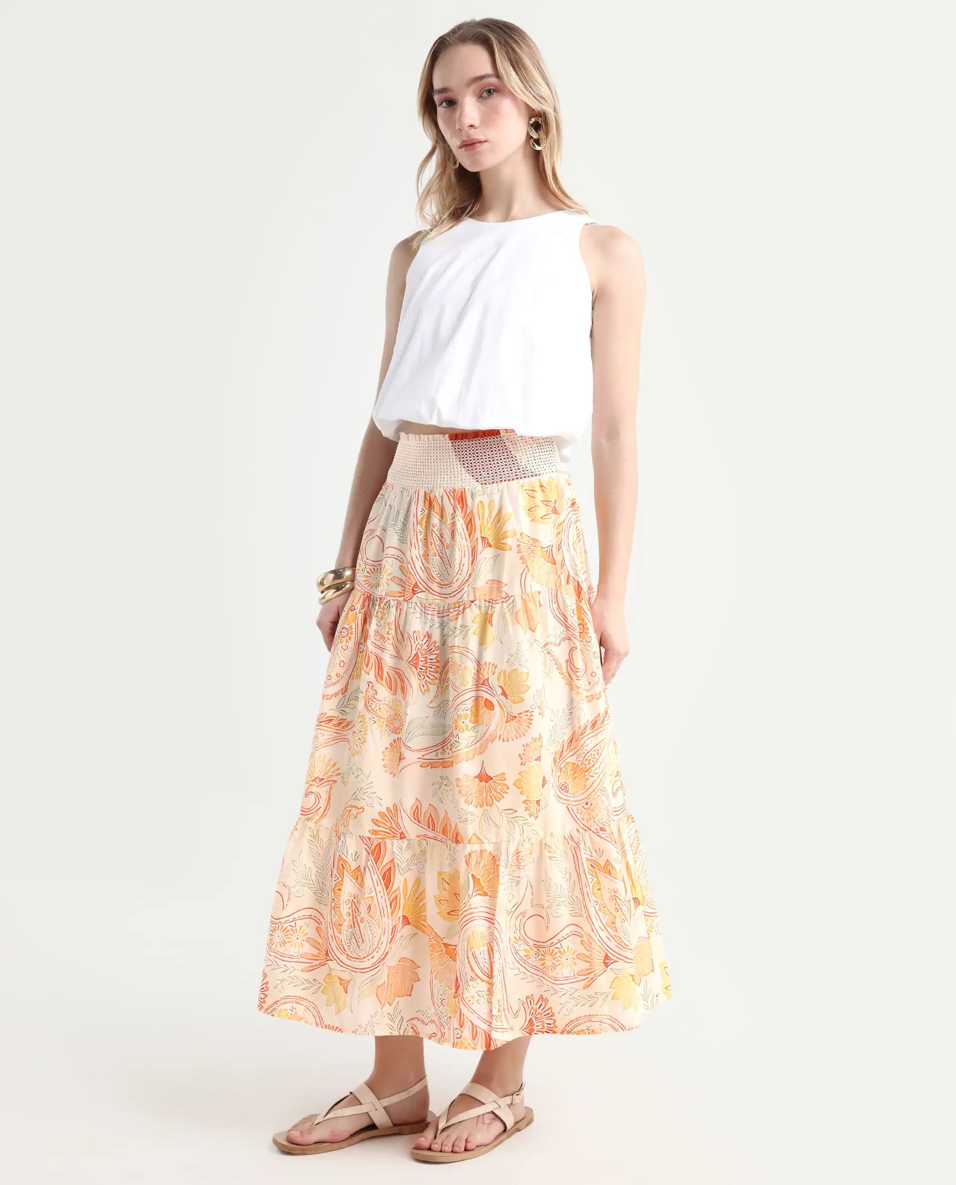 Rareism Women's Bresica Light Multi Cotton Paisley Print Midi Flared Skirt