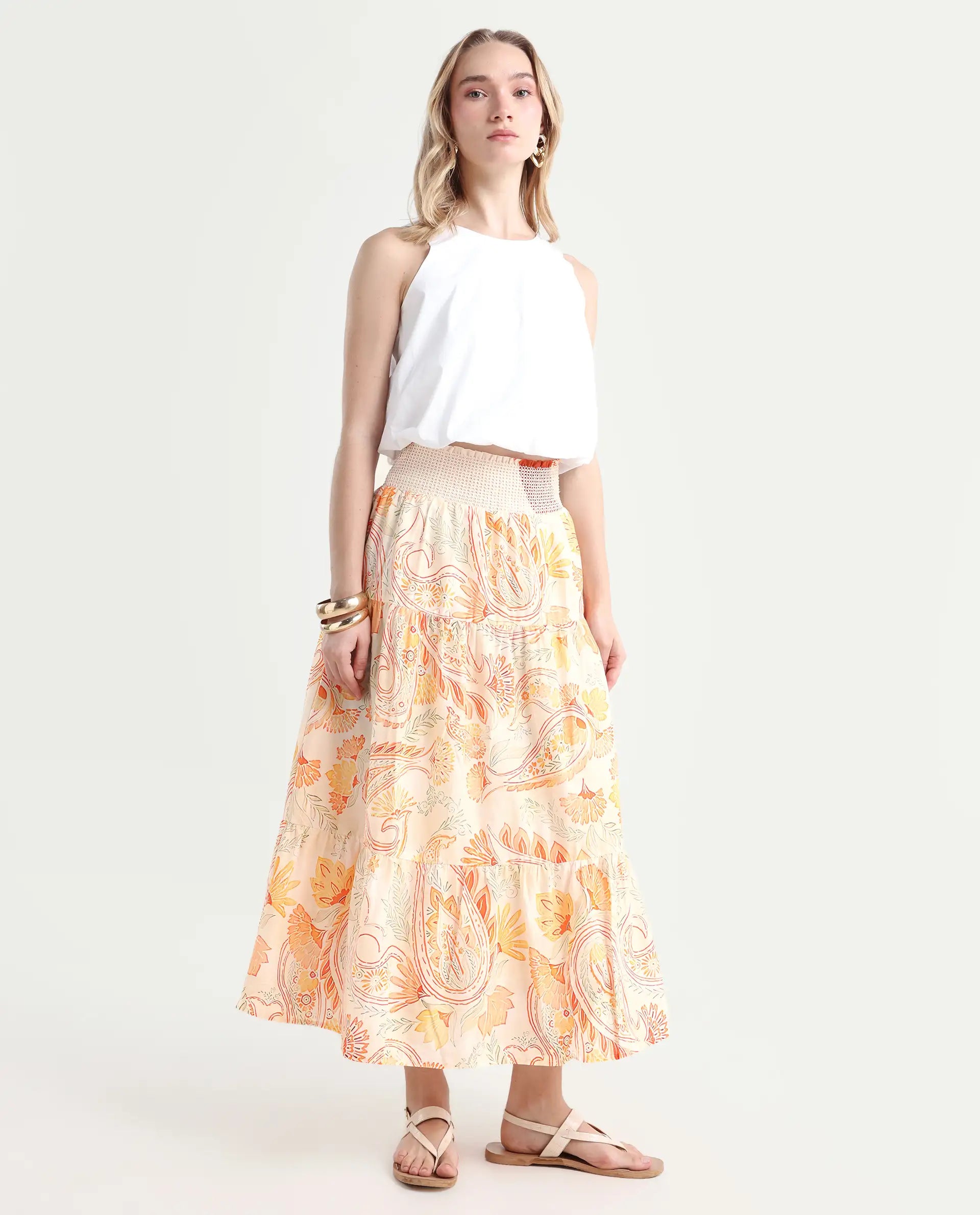 Rareism Women's Bresica Light Multi Cotton Paisley Print Midi Flared Skirt