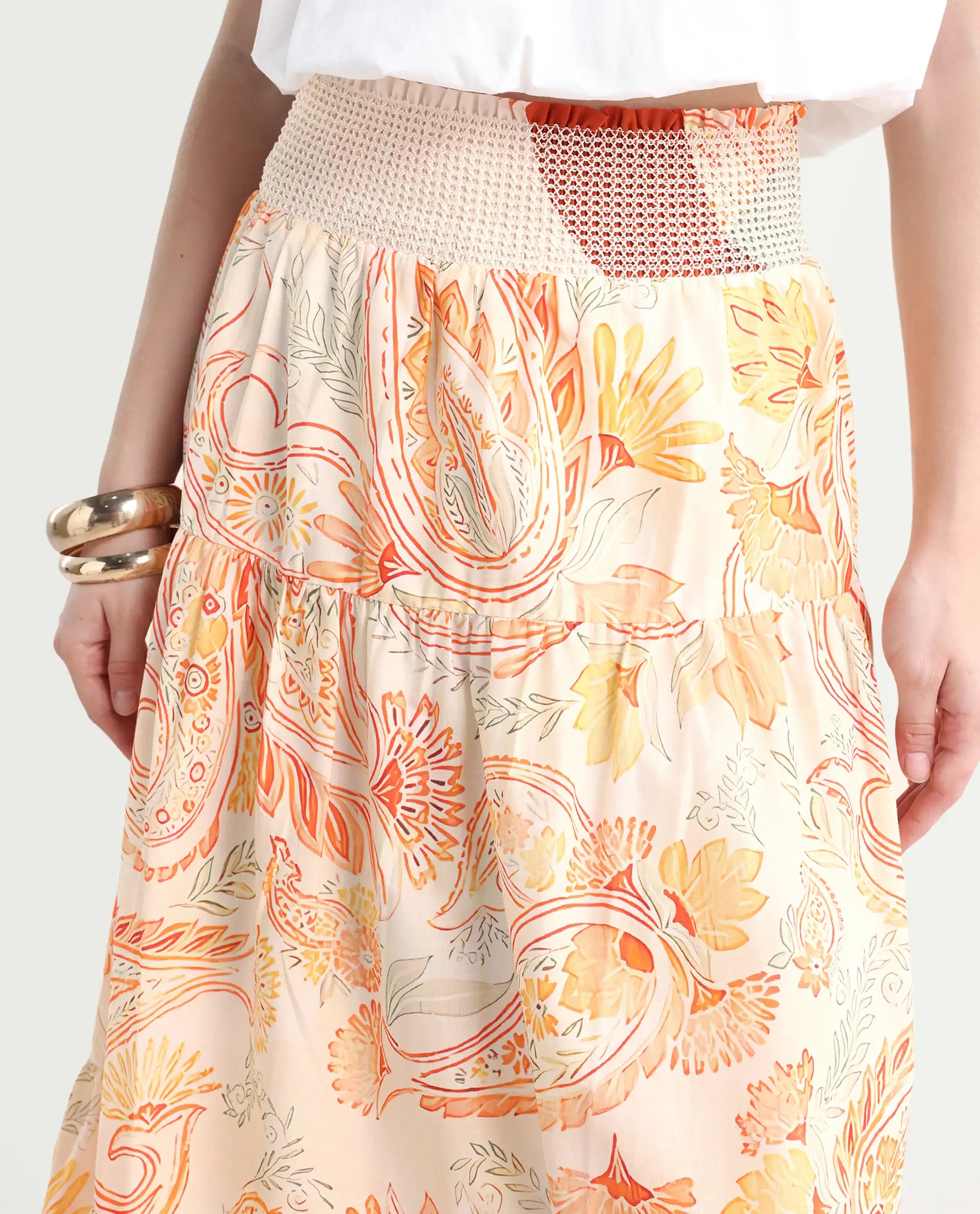 Rareism Women's Bresica Light Multi Cotton Paisley Print Midi Flared Skirt