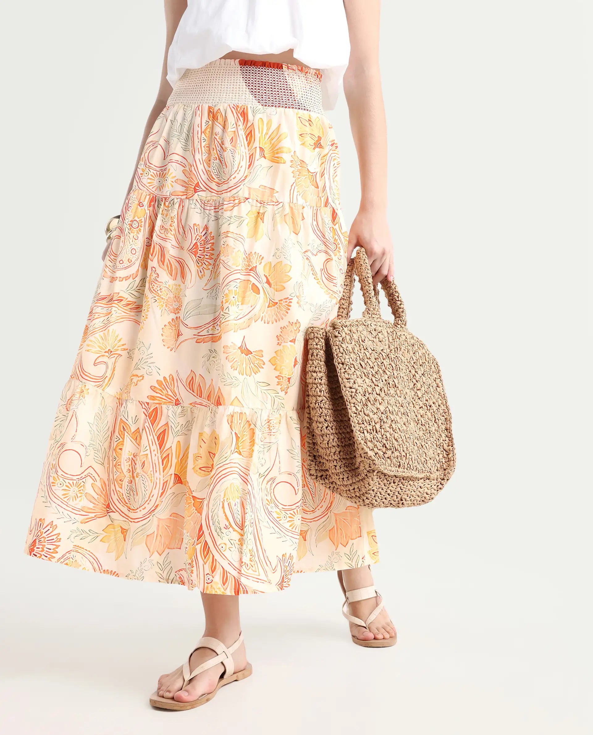 Rareism Women's Bresica Light Multi Cotton Paisley Print Midi Flared Skirt