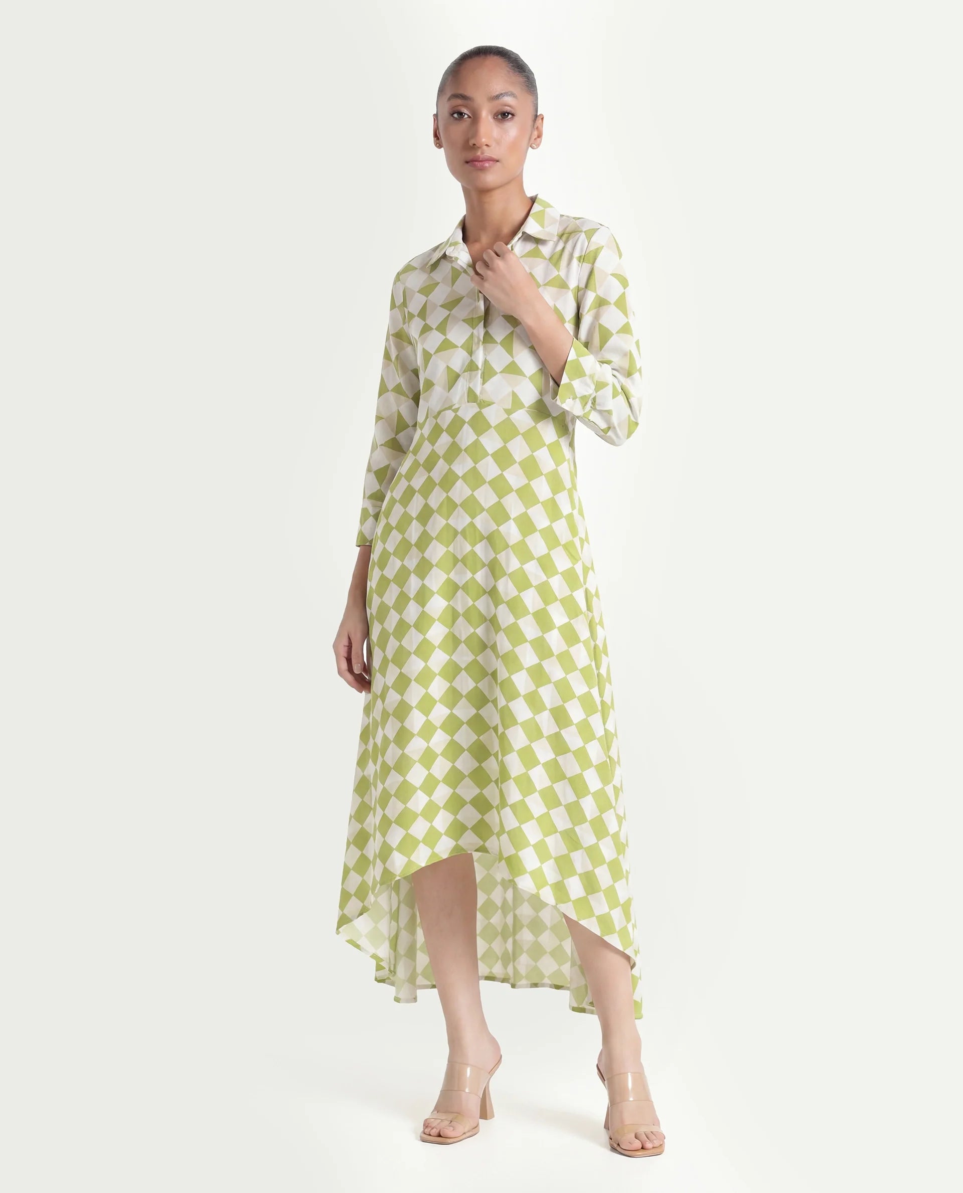 Rareism Women's Alice Light Green Moroccan Crepe Spread Collar Geometric Print Cuffed Sleeve Maxi Flared Dress