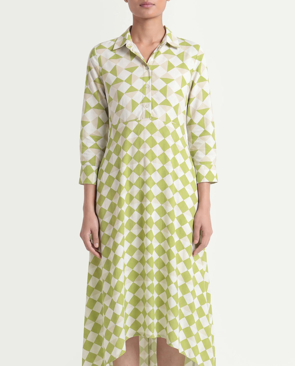 Rareism Women's Alice Light Green Moroccan Crepe Spread Collar Geometric Print Cuffed Sleeve Maxi Flared Dress