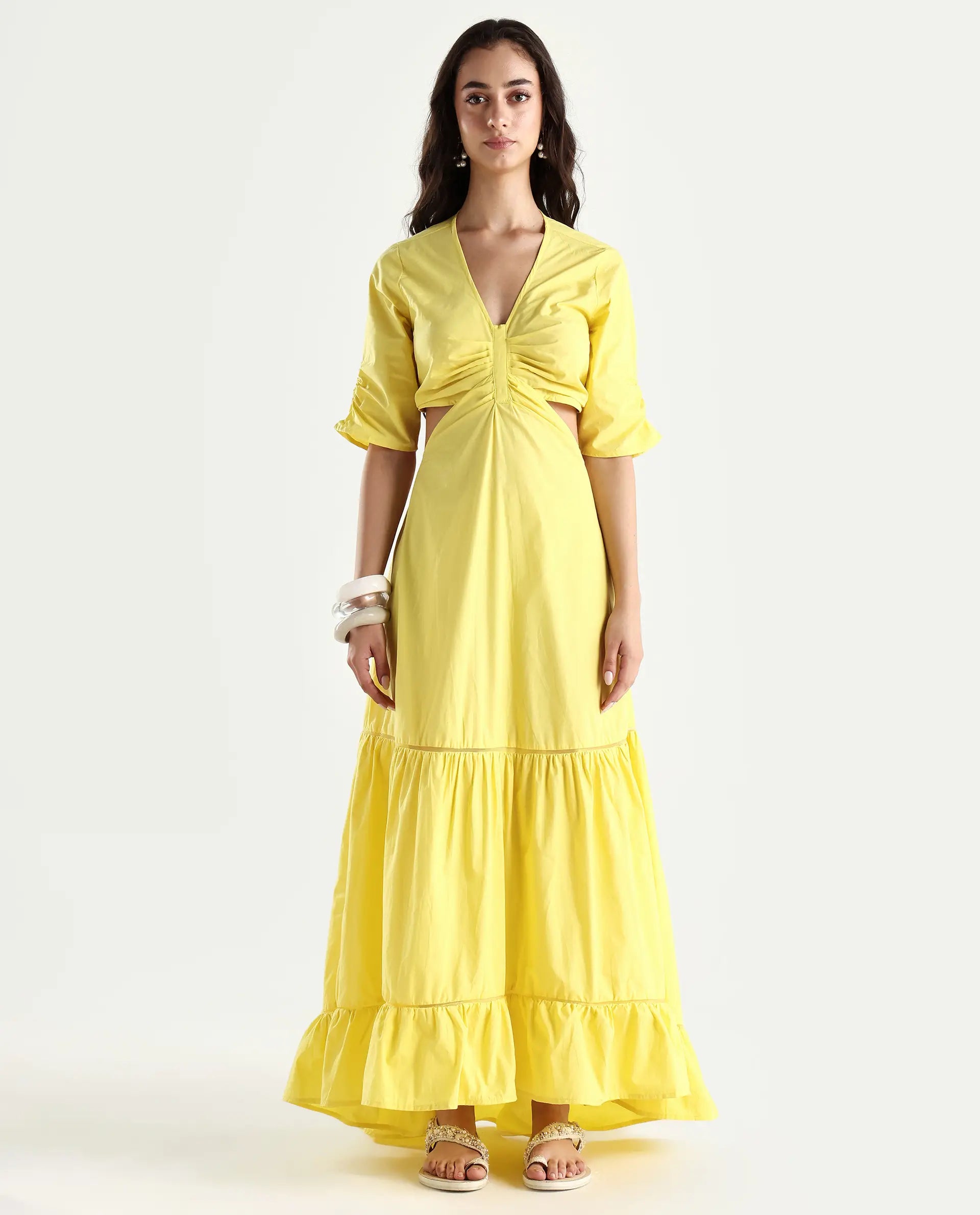 Rareism Women's Lesman Yellow Cotton V-Neck Plain Puff Sleeves Maxi Fit And Flare Dress