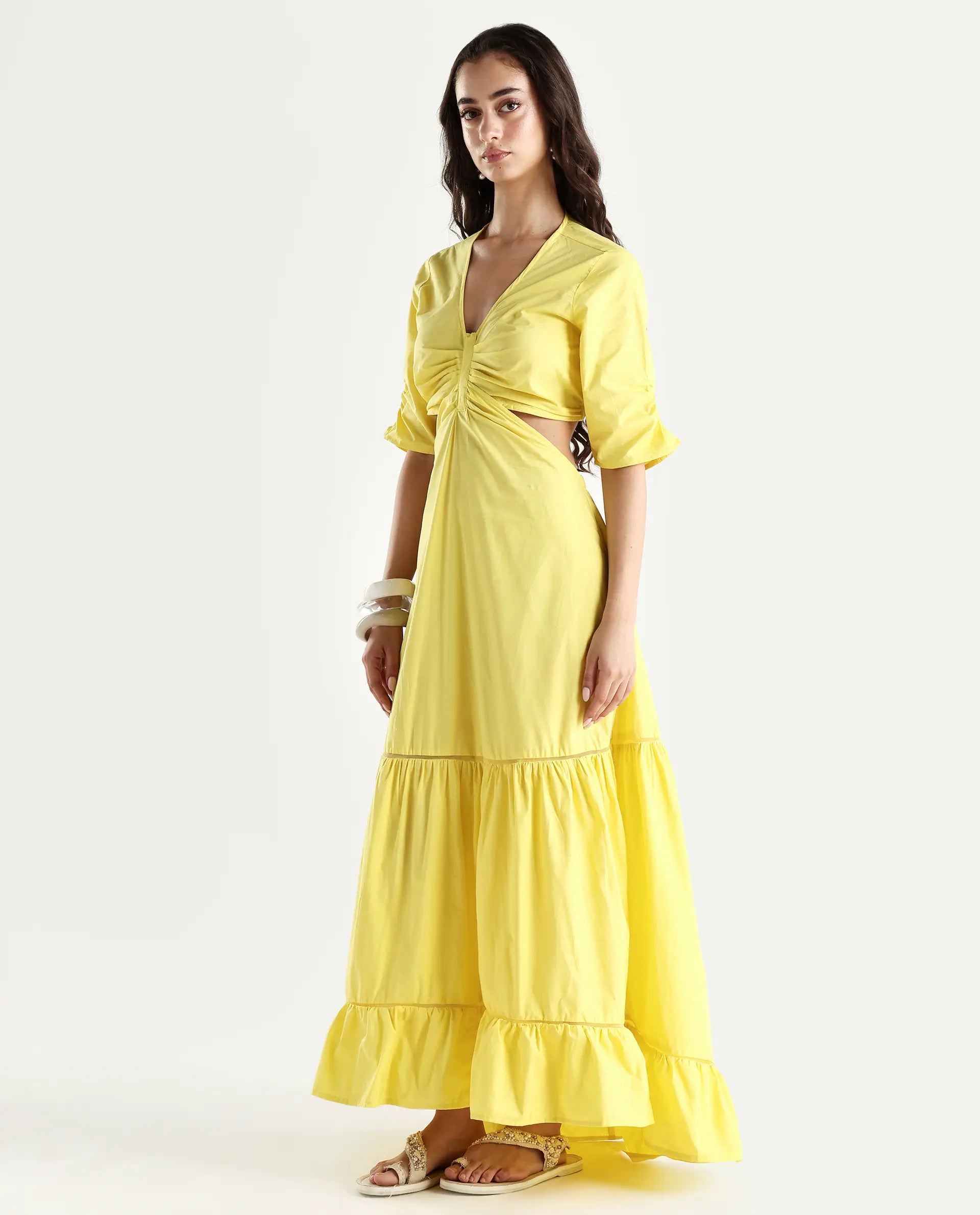 Rareism Women's Lesman Yellow Cotton V-Neck Plain Puff Sleeves Maxi Fit And Flare Dress