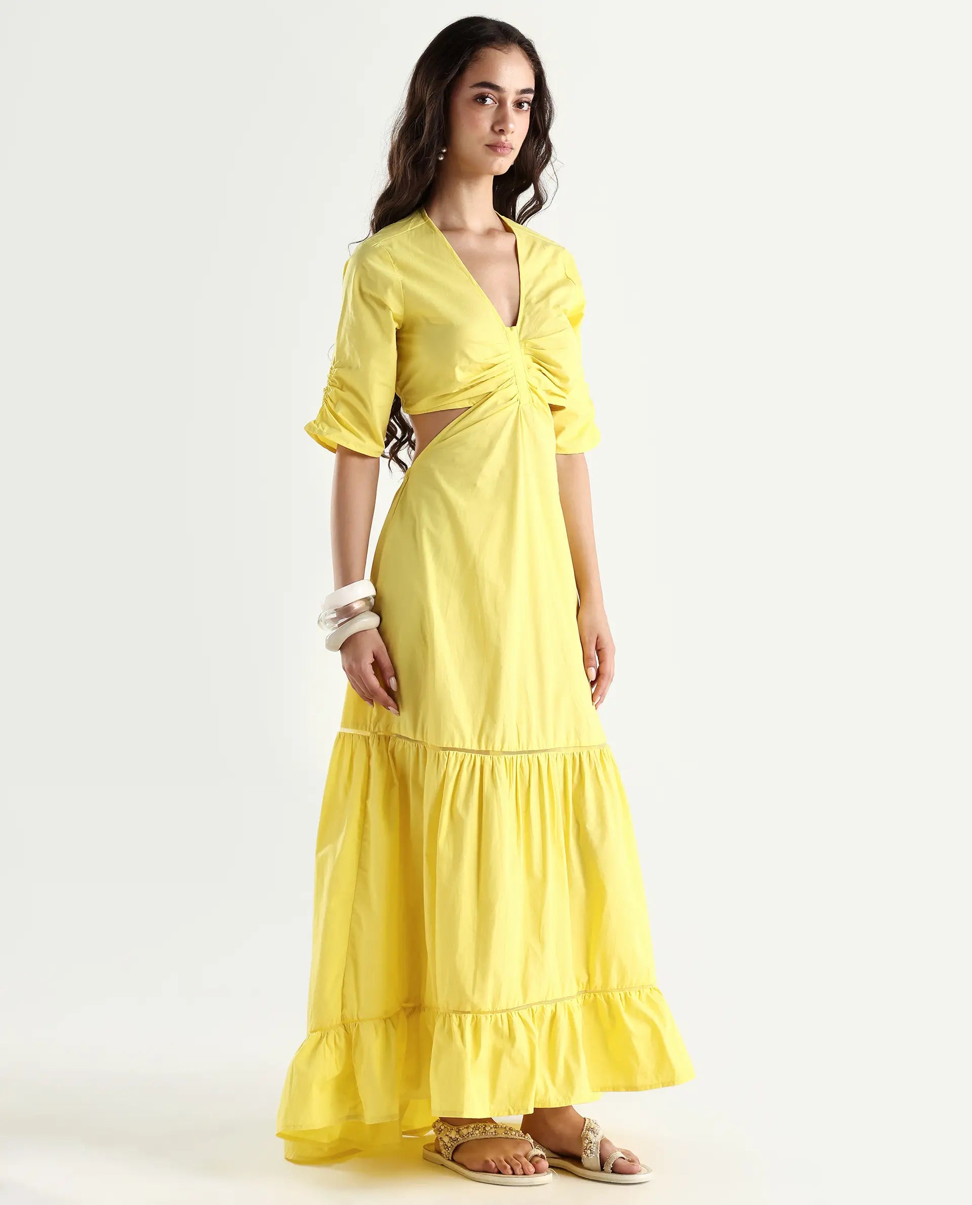 Rareism Women's Lesman Yellow Cotton V-Neck Plain Puff Sleeves Maxi Fit And Flare Dress