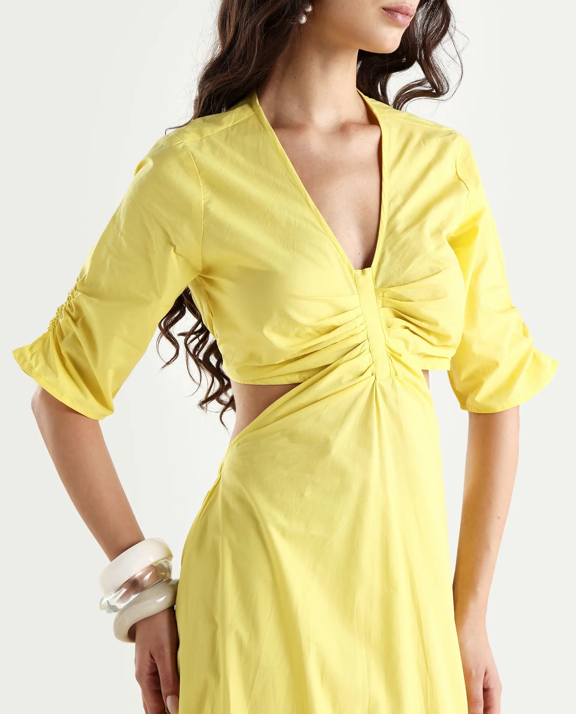 Rareism Women's Lesman Yellow Cotton V-Neck Plain Puff Sleeves Maxi Fit And Flare Dress