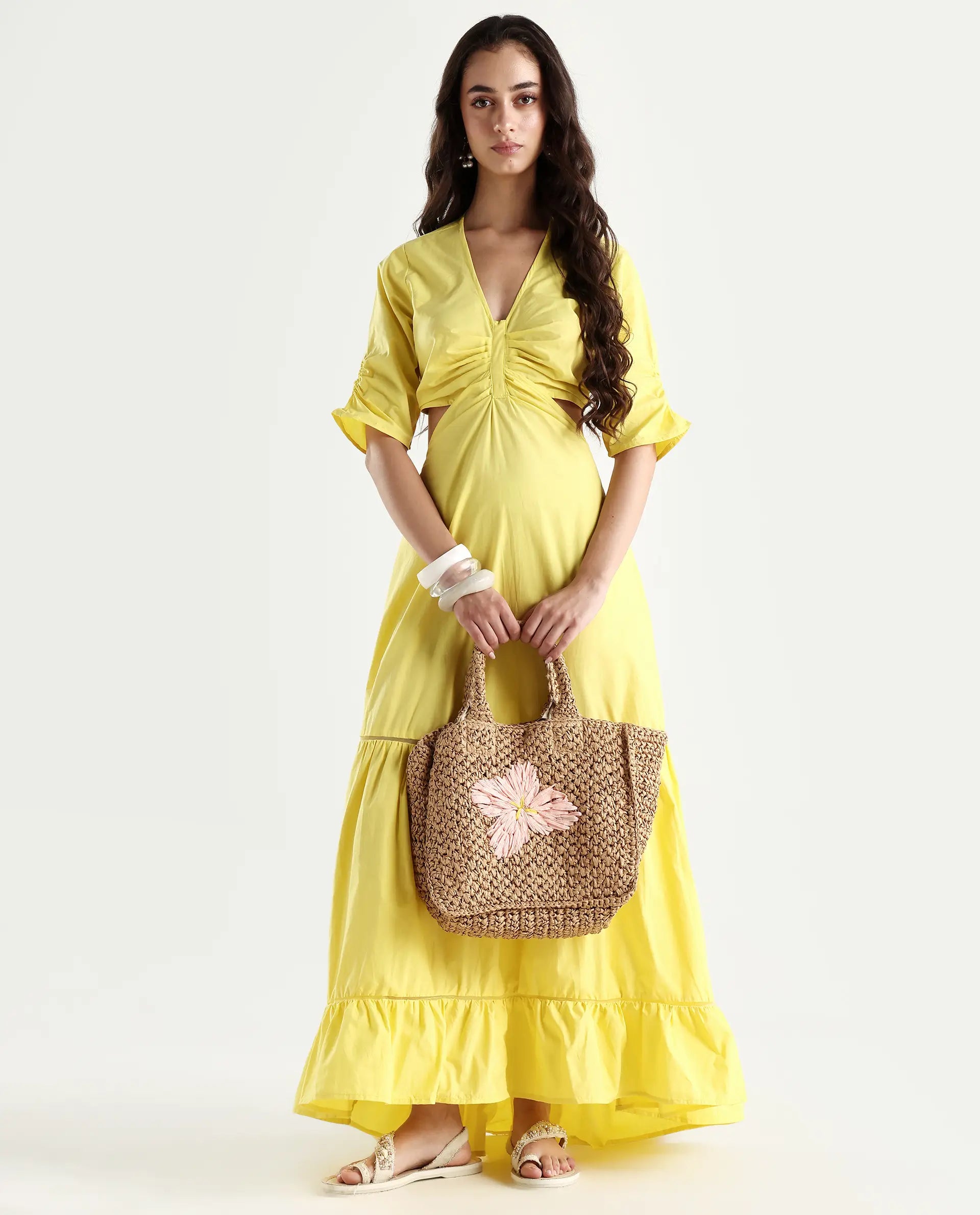 Rareism Women's Lesman Yellow Cotton V-Neck Plain Puff Sleeves Maxi Fit And Flare Dress