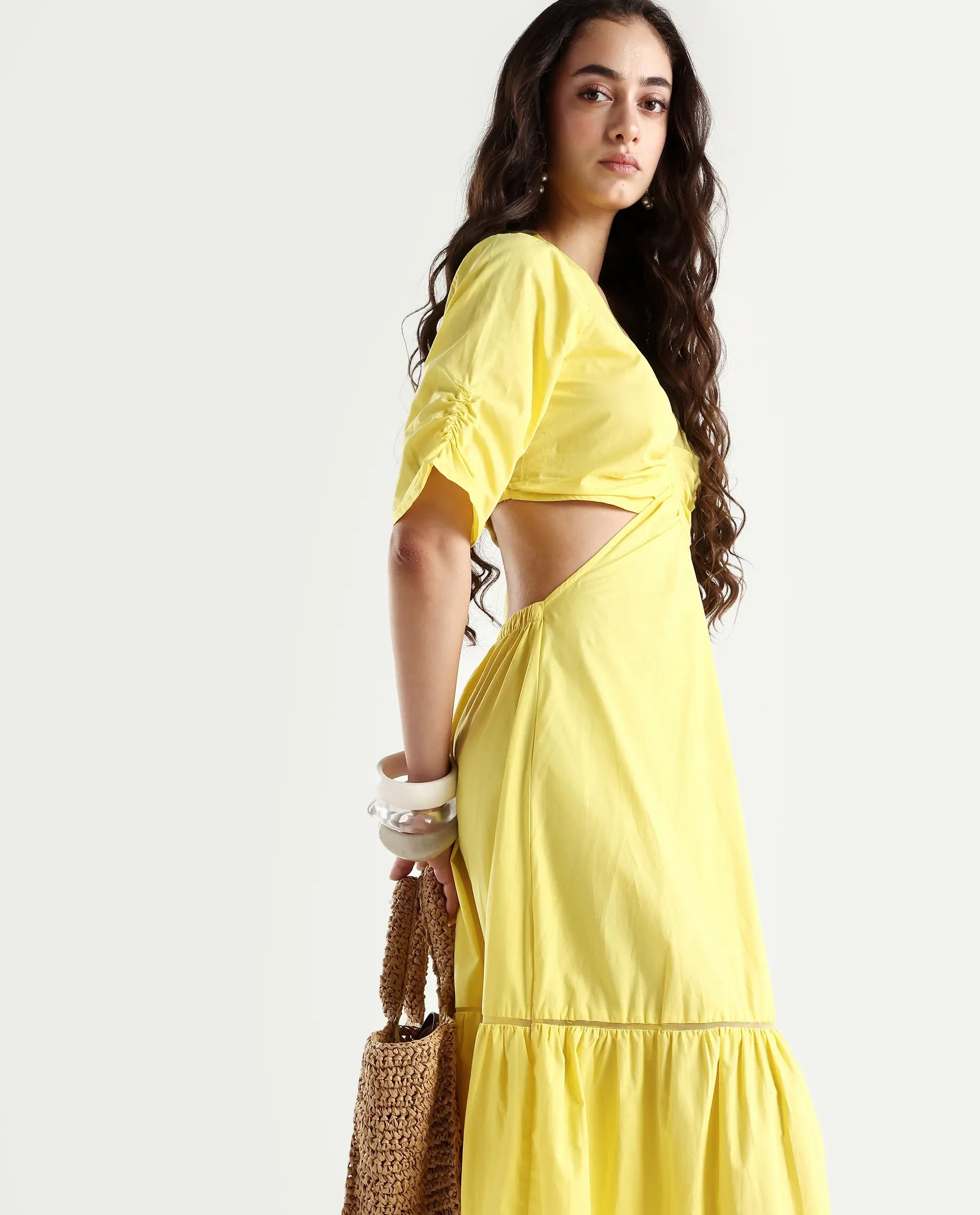 Rareism Women's Lesman Yellow Cotton V-Neck Plain Puff Sleeves Maxi Fit And Flare Dress
