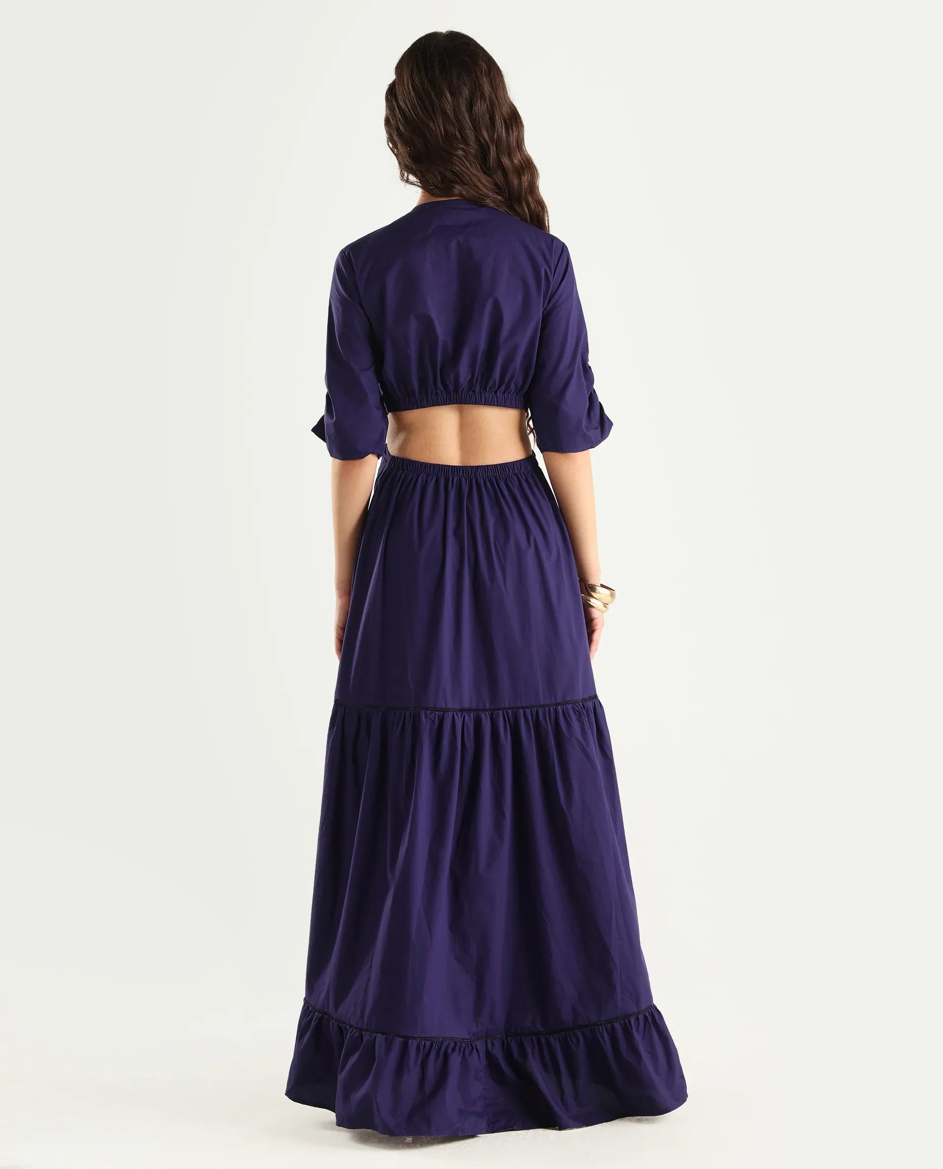 Rareism Women's Lesman Dark Purple Cotton V-Neck Plain Puff Sleeves Ma Rareism Women's Lesman Dark Purple Cotton V-Neck Plain Puff Sleeves Ma