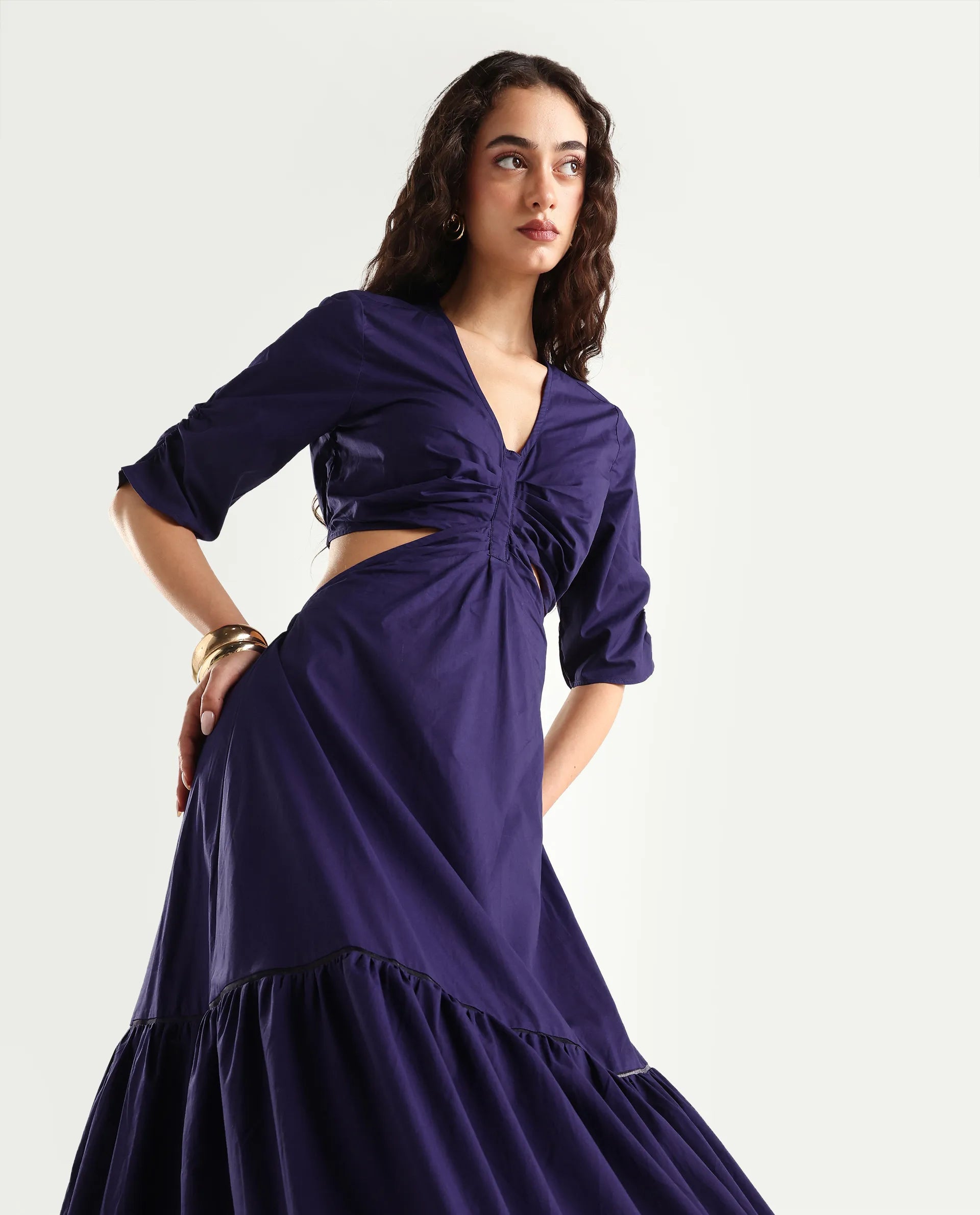 Rareism Women's Lesman Dark Purple Cotton V-Neck Plain Puff Sleeves Ma Rareism Women's Lesman Dark Purple Cotton V-Neck Plain Puff Sleeves Ma
