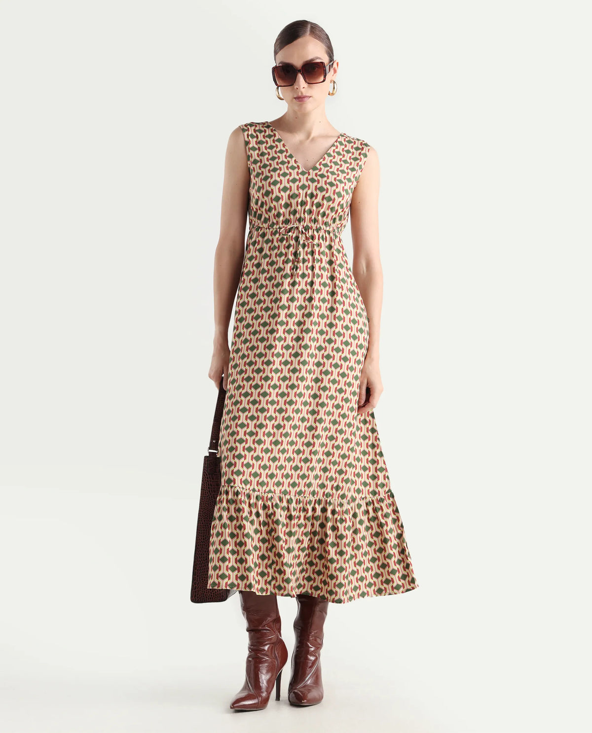 Rareism Women's Braytown Multi Viscose V-Neck Geometric Print Sleeveless Maxi Fit And Flare Dress