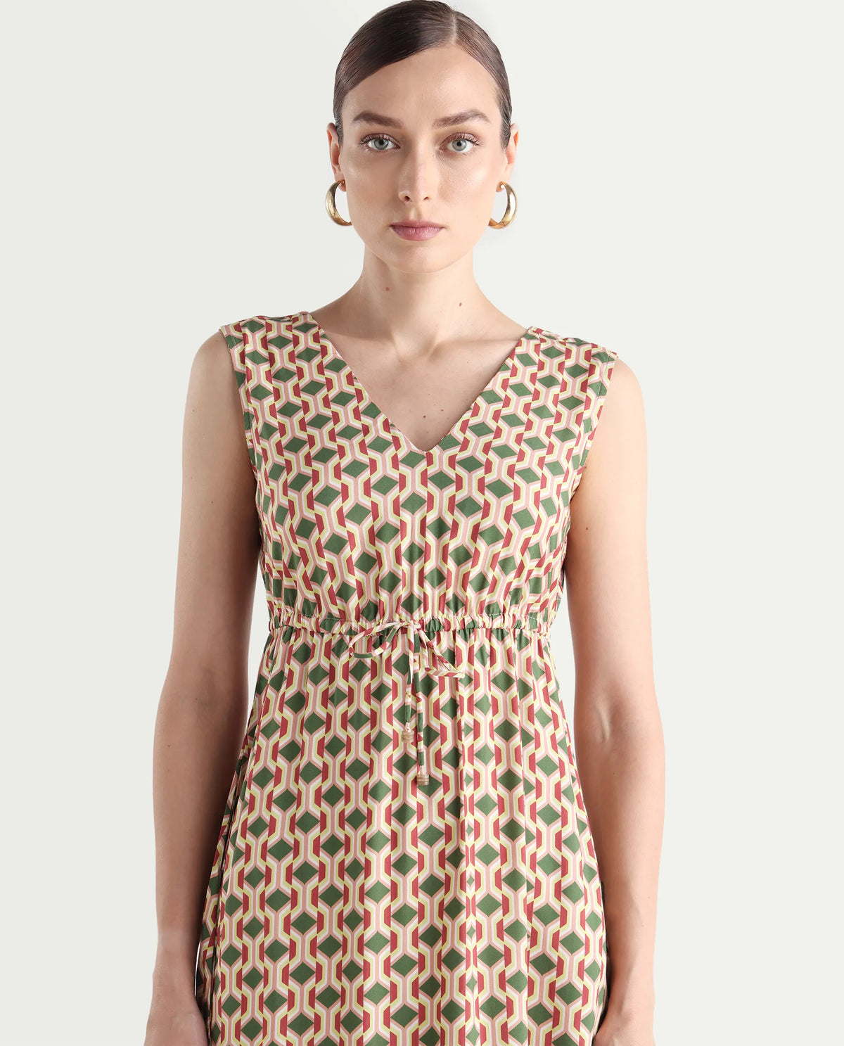 Rareism Women's Braytown Multi Viscose V-Neck Geometric Print Sleeveless Maxi Fit And Flare Dress