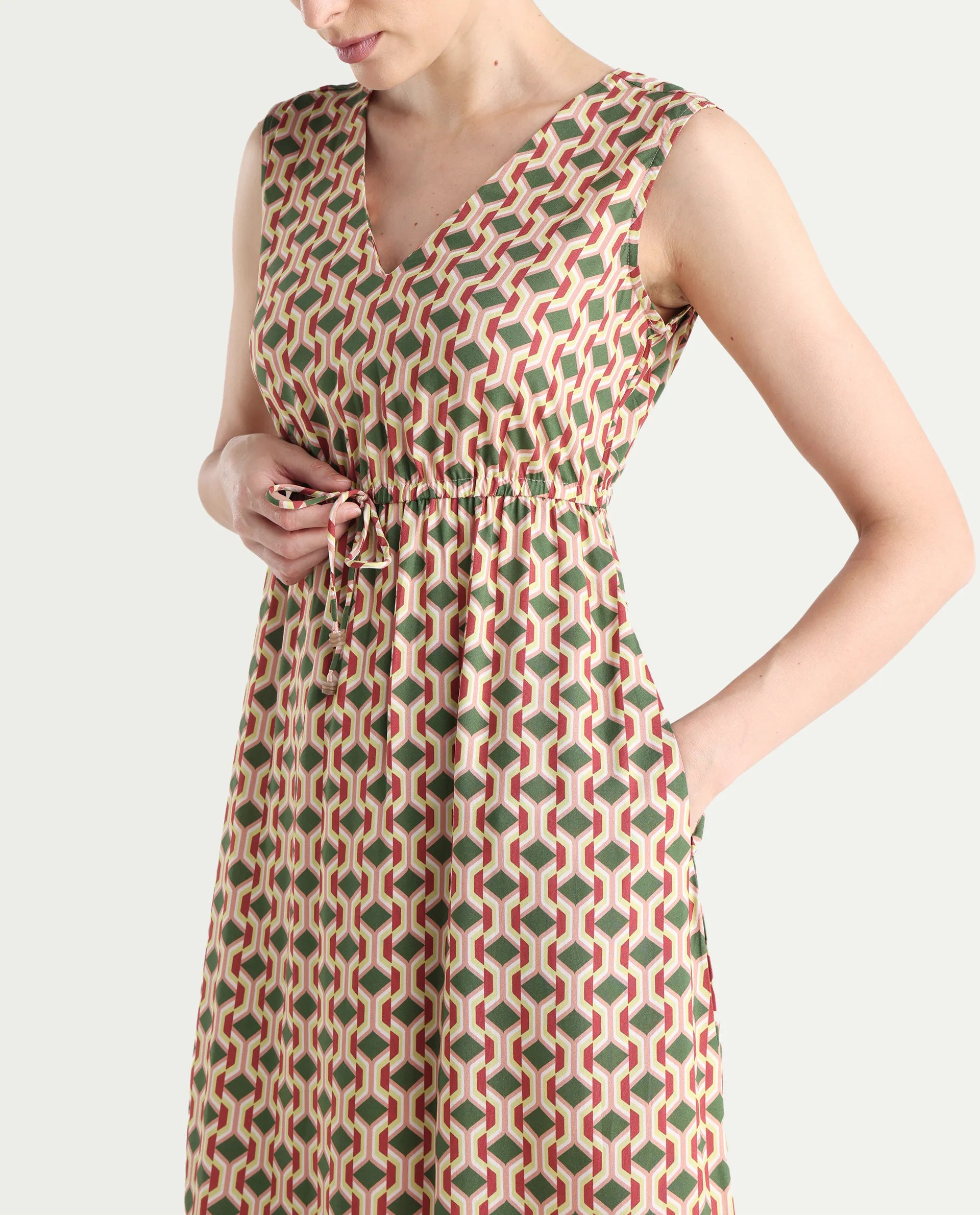 Rareism Women's Braytown Multi Viscose V-Neck Geometric Print Sleeveless Maxi Fit And Flare Dress