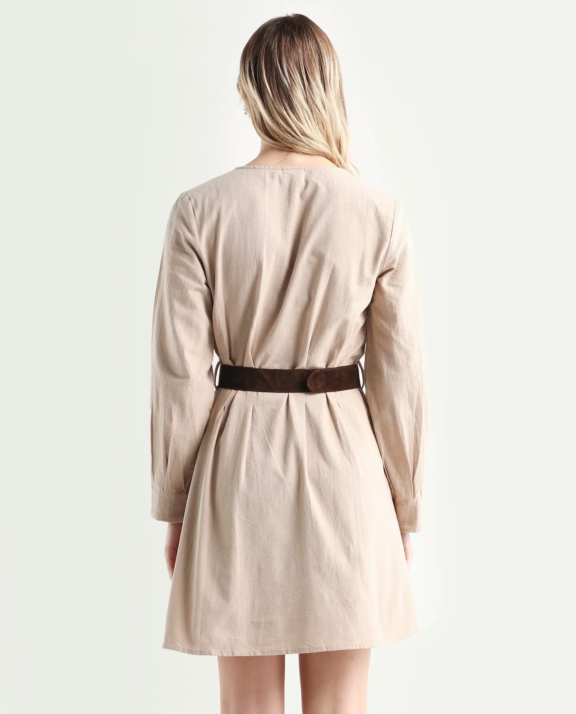 Rareism Women's Nami Beige Cotton V-Neck Plain Cuffed Sleeve Knee Length A-Line Dress