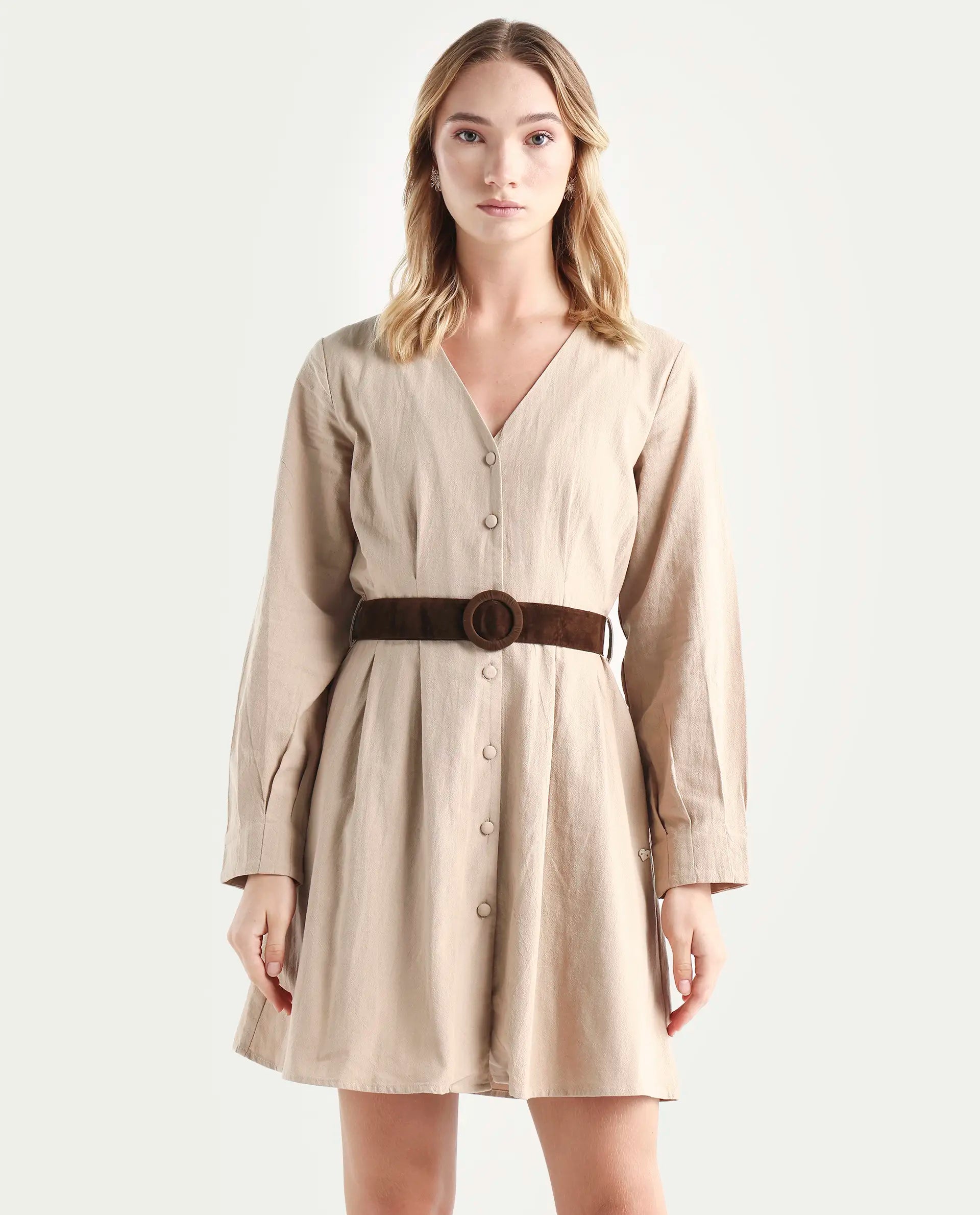 Rareism Women's Nami Beige Cotton V-Neck Plain Cuffed Sleeve Knee Length A-Line Dress