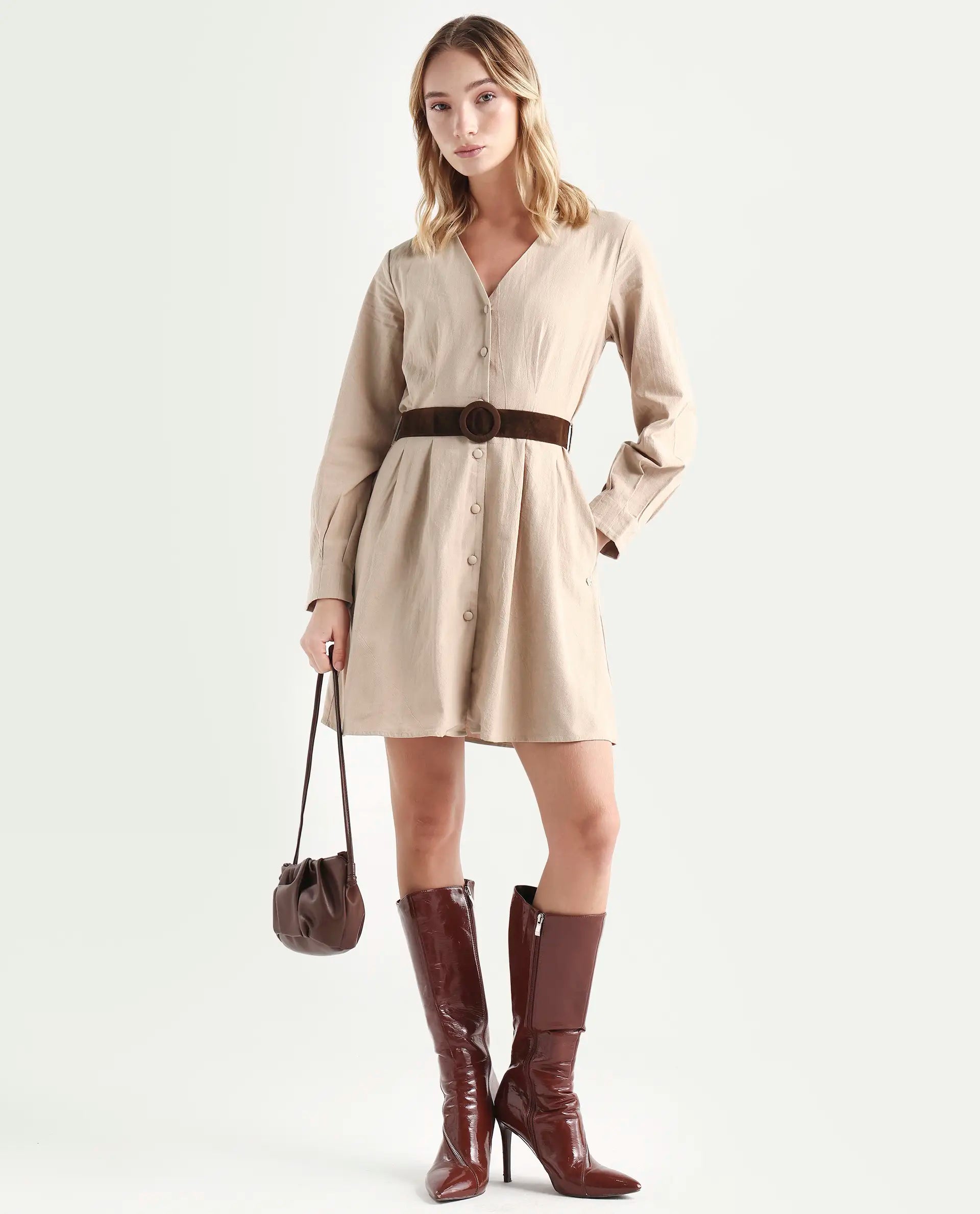 Rareism Women's Nami Beige Cotton V-Neck Plain Cuffed Sleeve Knee Length A-Line Dress