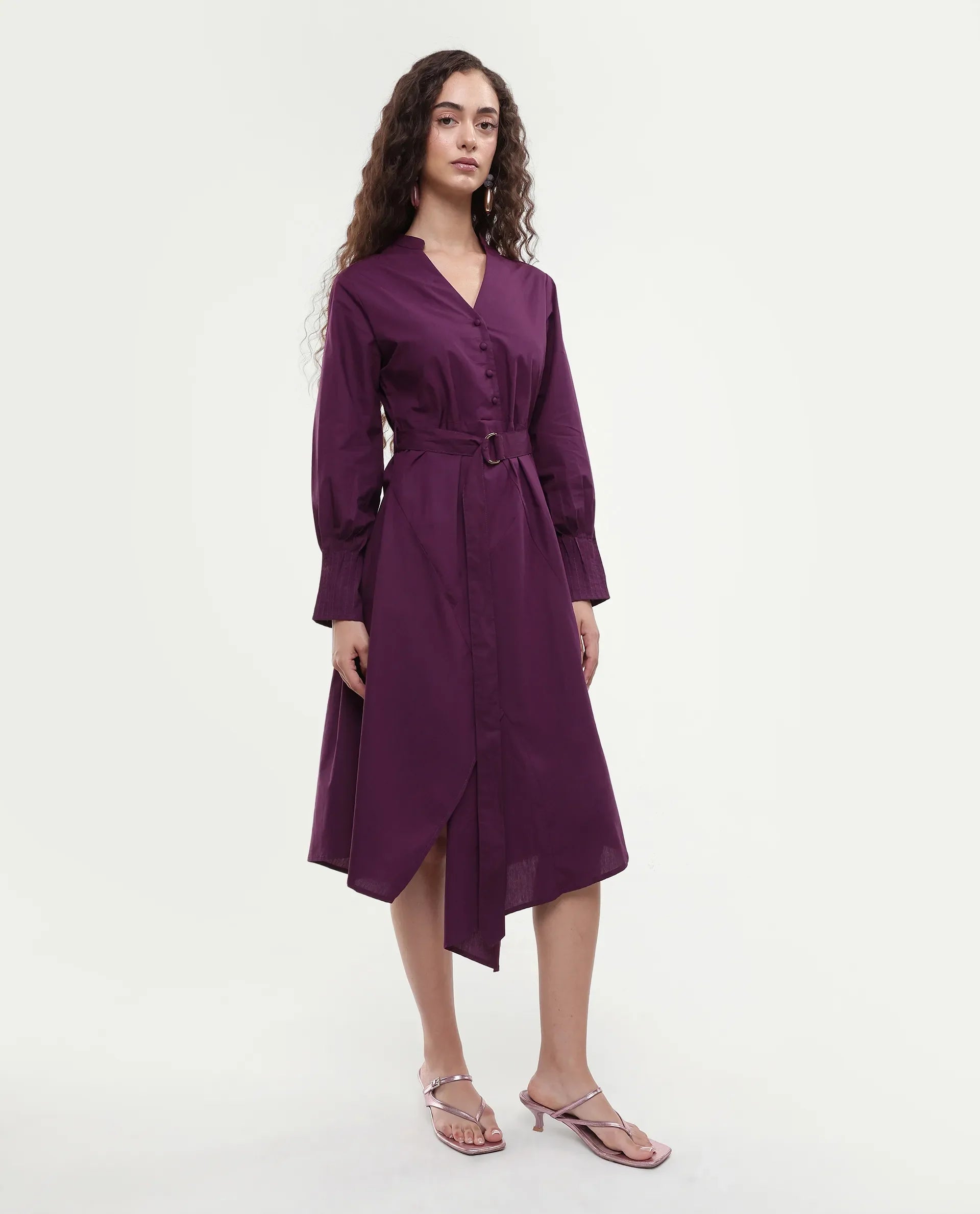 Rareism Women's Iona Purple Cotton Mandarin Collar Plain Cuffed Sleeve Midi Fit And Flare Dress