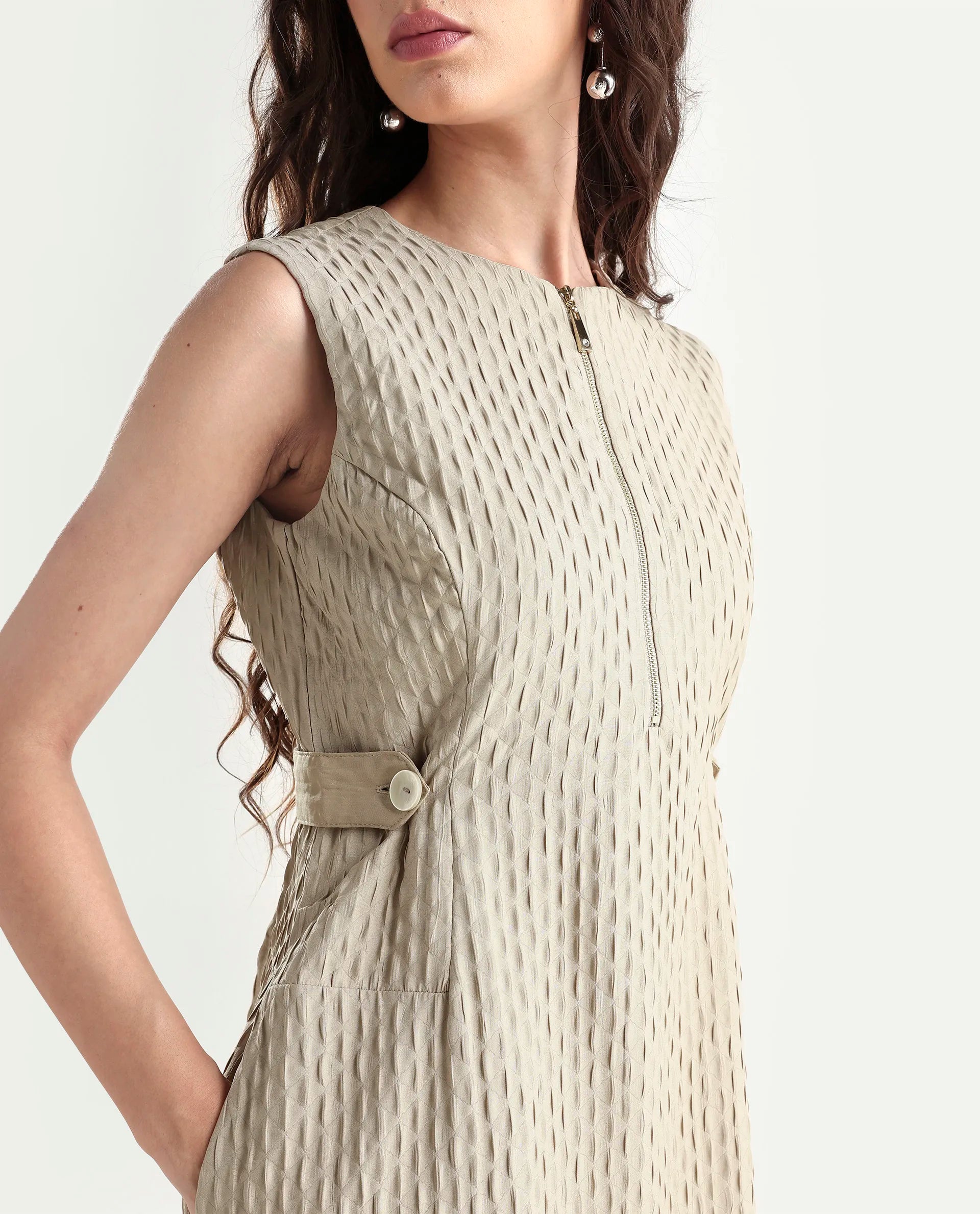 Rareism Women's Zelina Beige Polyester Round Neck Plain Sleeveless Knee Length A-Line Dress