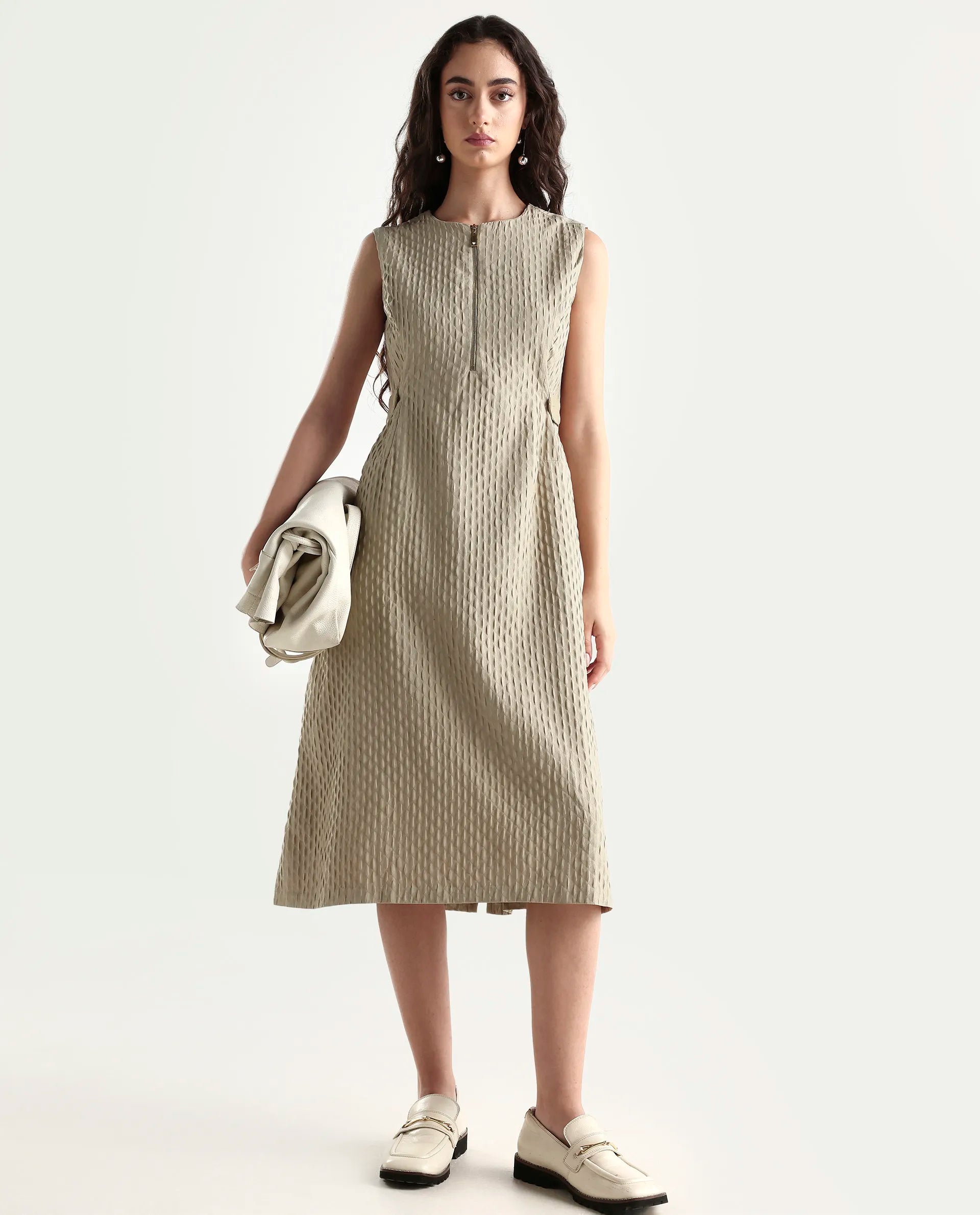 Rareism Women's Zelina Beige Polyester Round Neck Plain Sleeveless Knee Length A-Line Dress