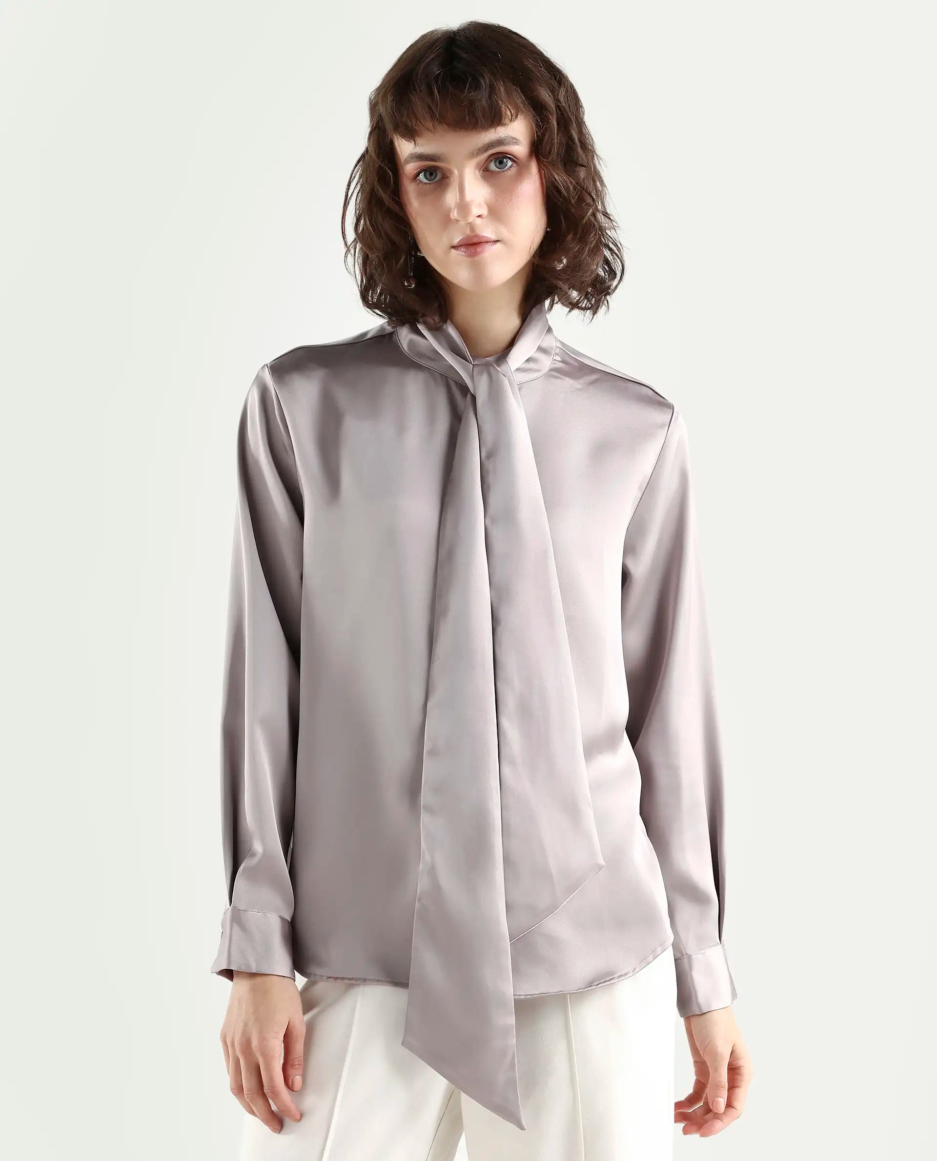 Rareism Women's Bingol Dusky Beige Polyester Mandarin Collar Plain Cuffed Sleeve Regular Fit Shirt