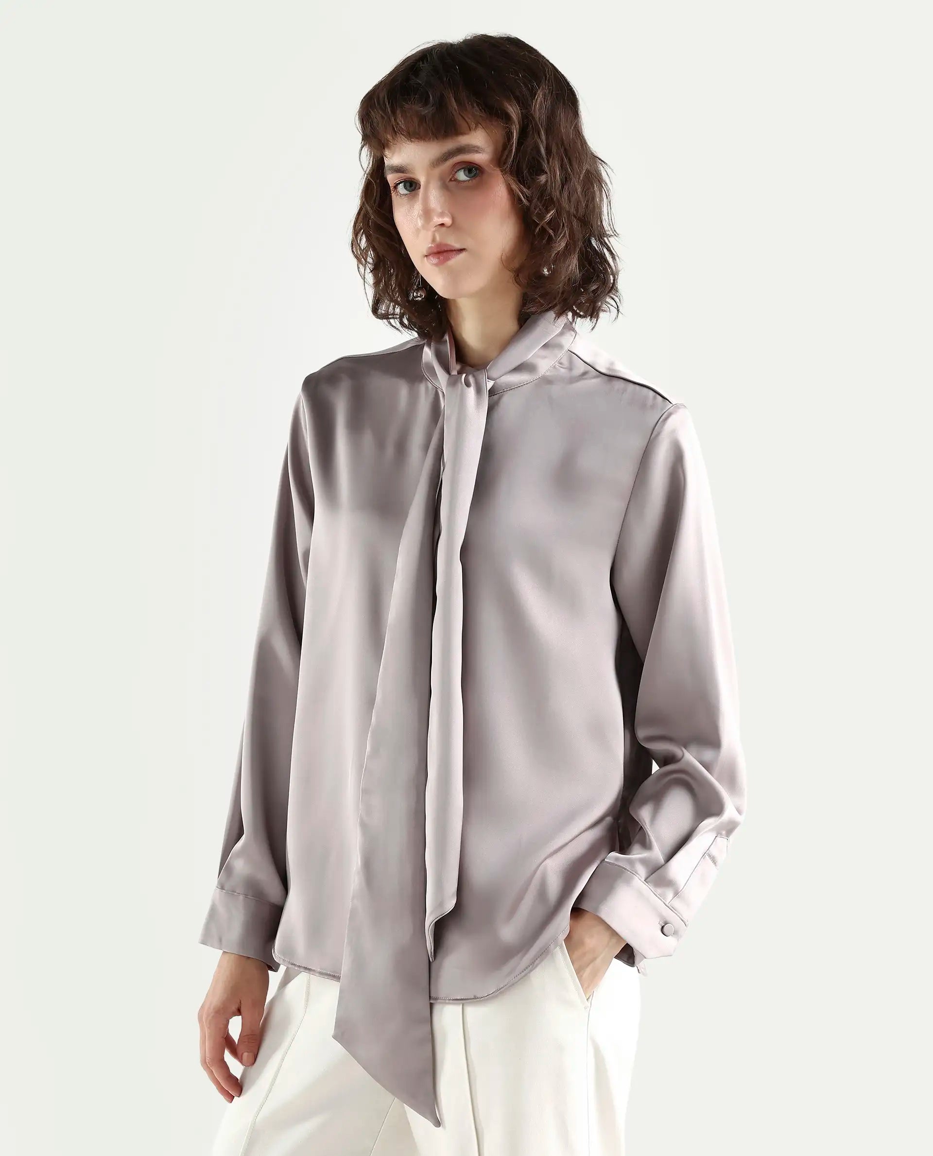 Rareism Women's Bingol Dusky Beige Polyester Mandarin Collar Plain Cuffed Sleeve Regular Fit Shirt