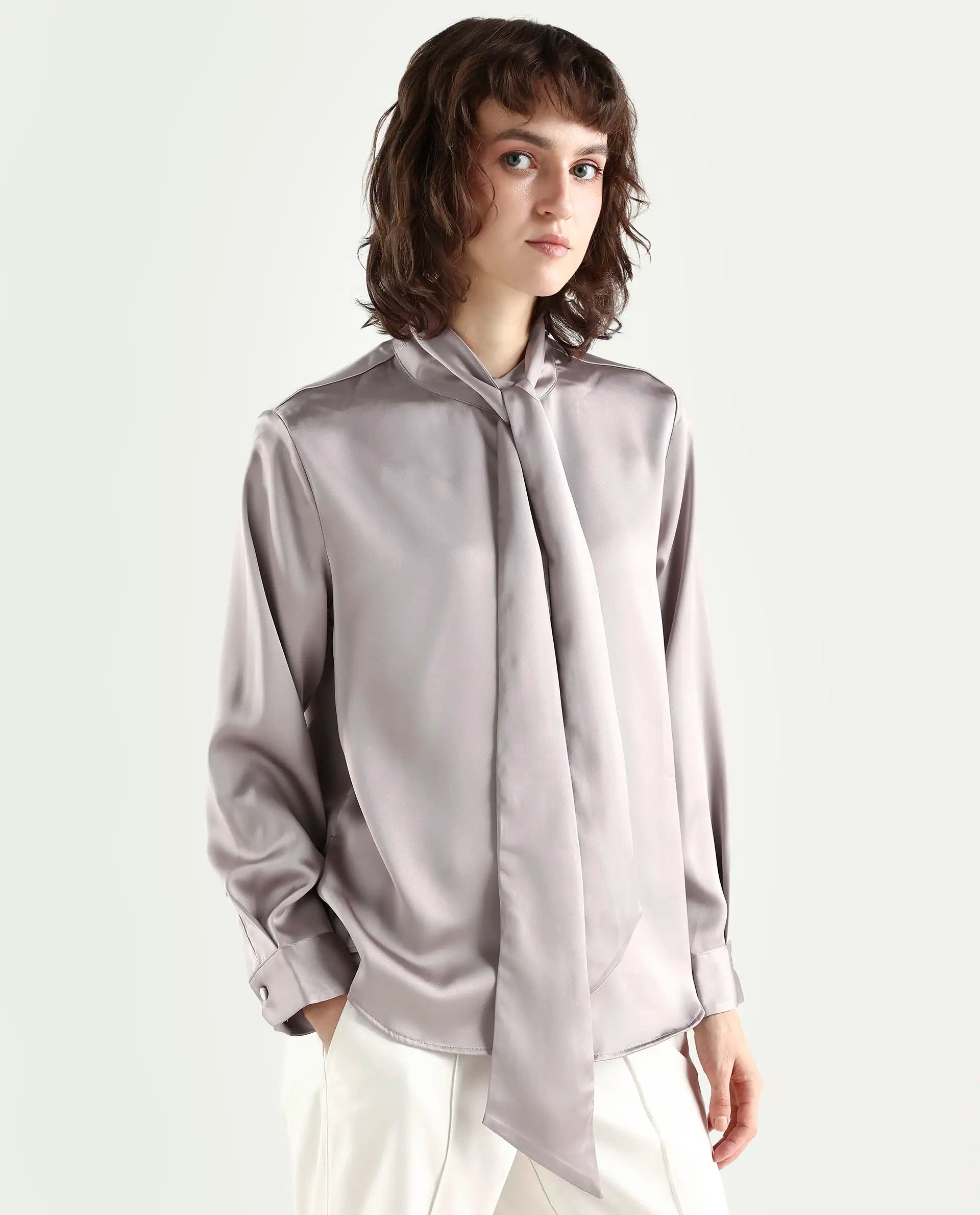 Rareism Women's Bingol Dusky Beige Polyester Mandarin Collar Plain Cuffed Sleeve Regular Fit Shirt